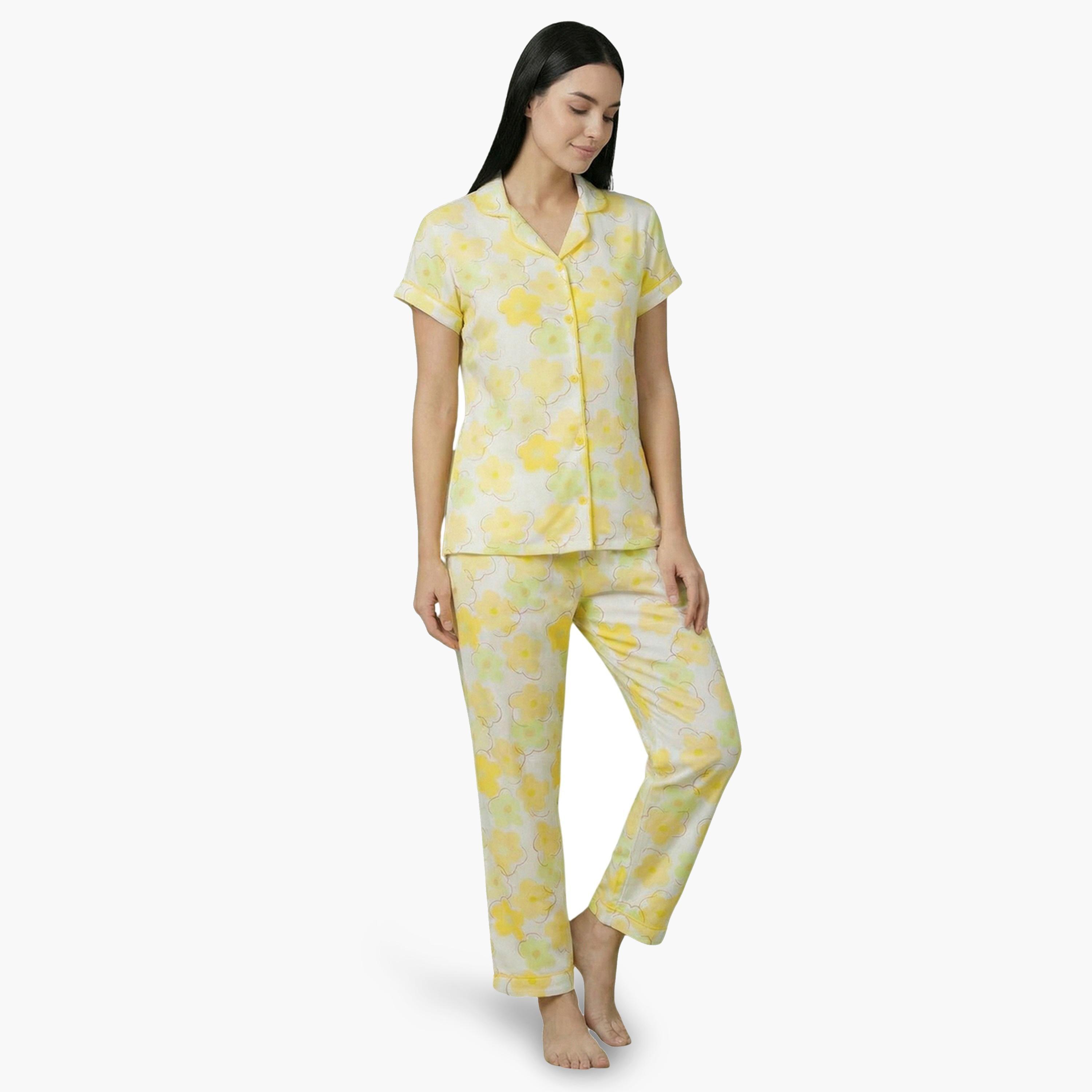 Mish Women Yellow Floral Print Cotton Shirt and Pyjama Set-women-clothing-nightwear-pyjamas-longsets-image-1