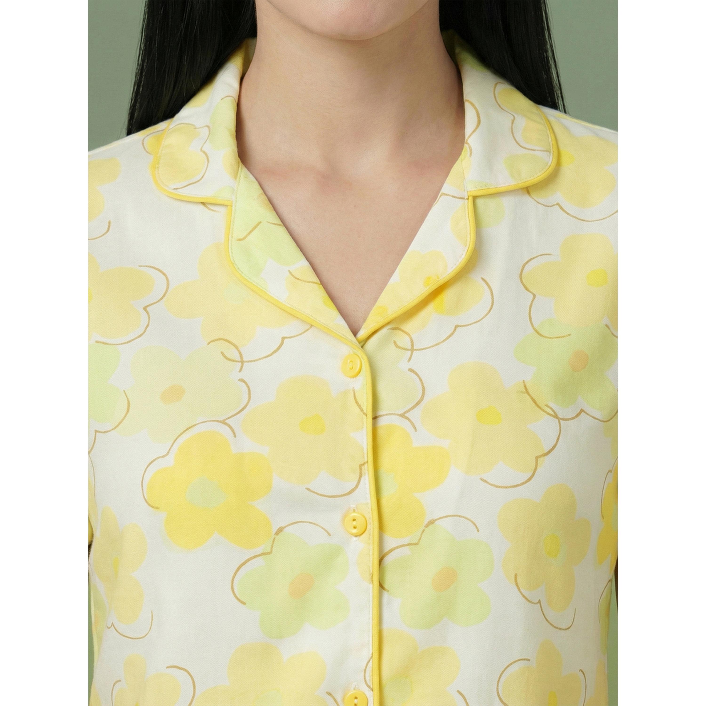 Mish Women Yellow Floral Print Cotton Shirt and Pyjama Set-women-clothing-nightwear-pyjamas-longsets-image-2