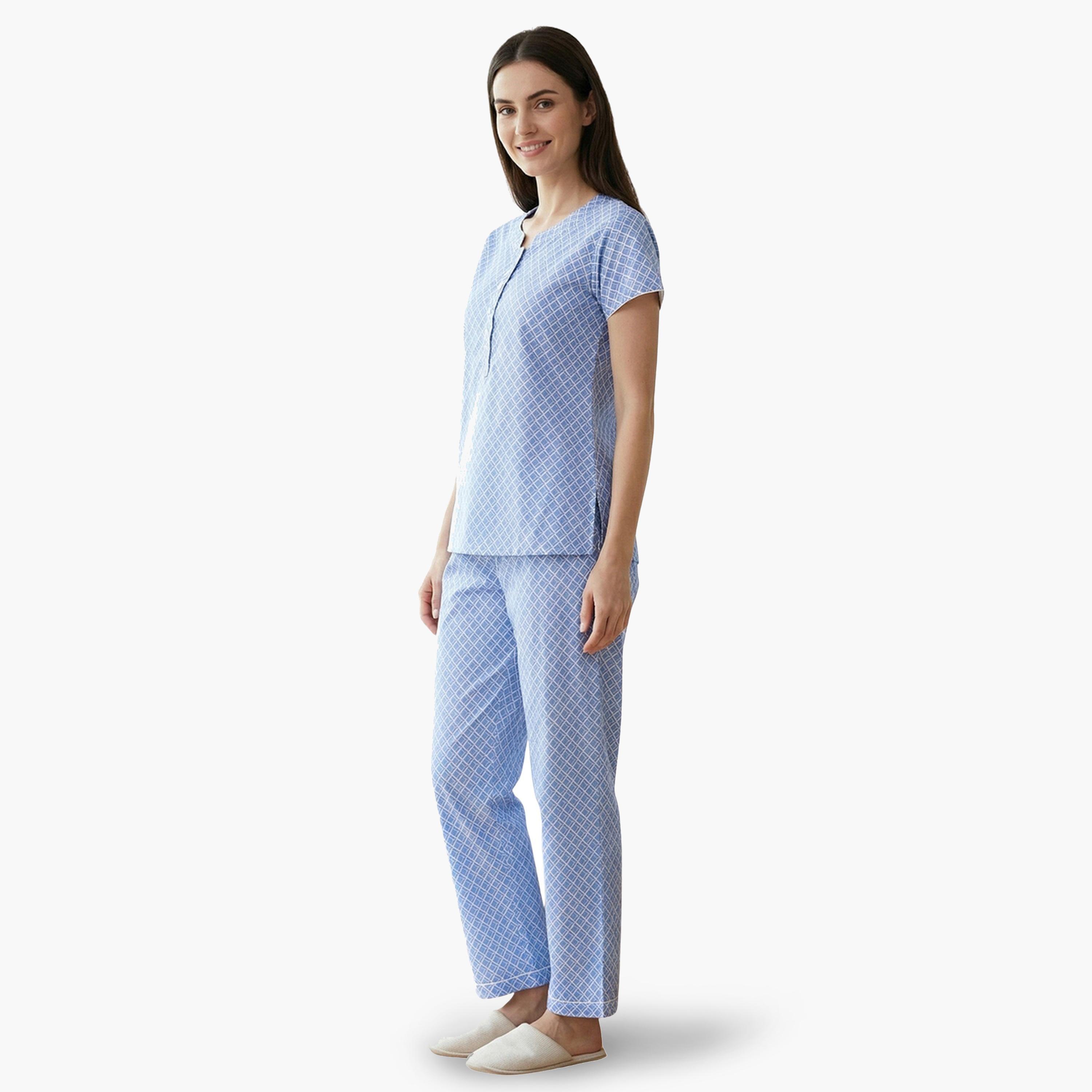Mish Women Blue Geometric Print Cotton Top and Pyjama Set-women-clothing-nightwear-pyjamas-longsets-image-1