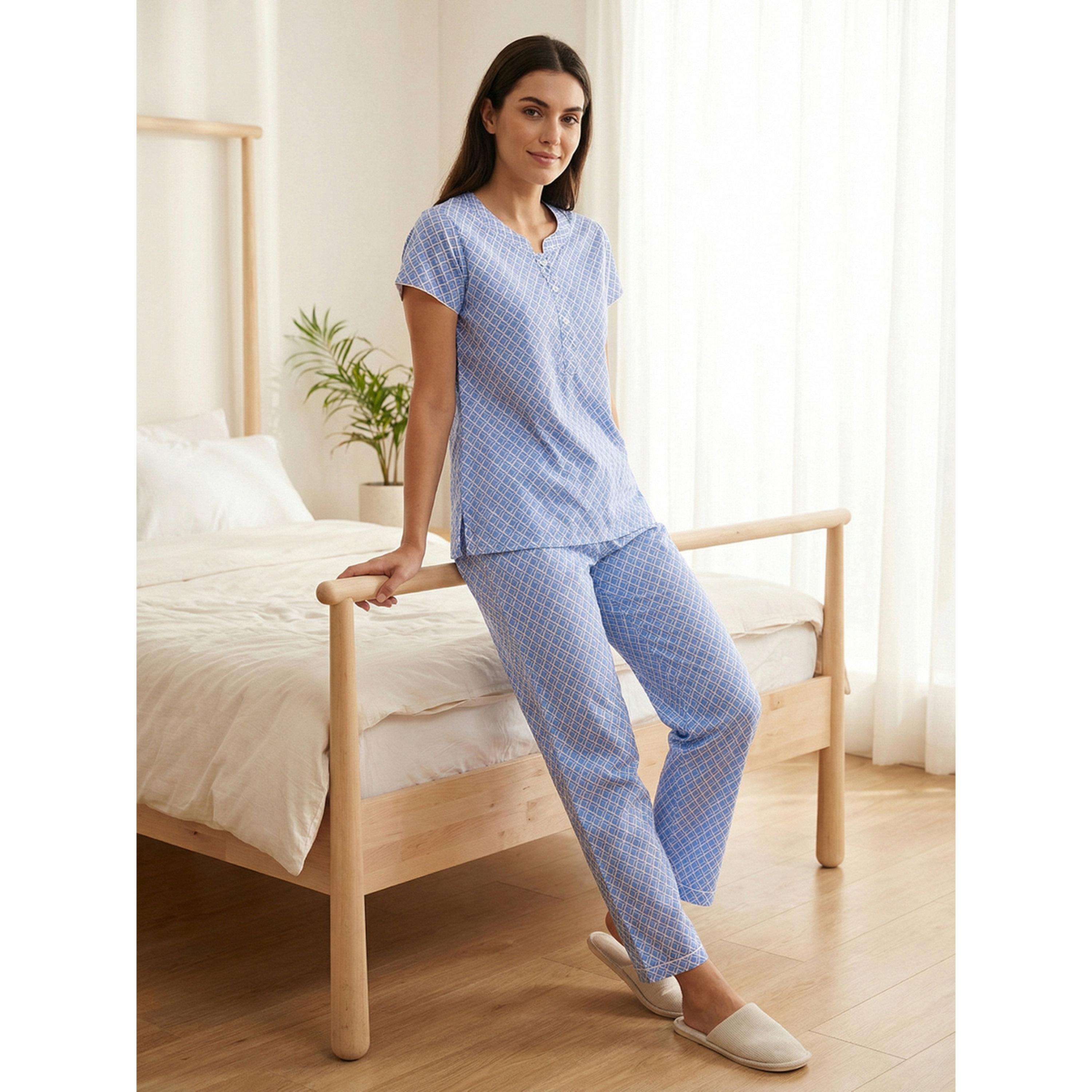 Mish Women Blue Geometric Print Cotton Top and Pyjama Set-women-clothing-nightwear-pyjamas-longsets-image-5