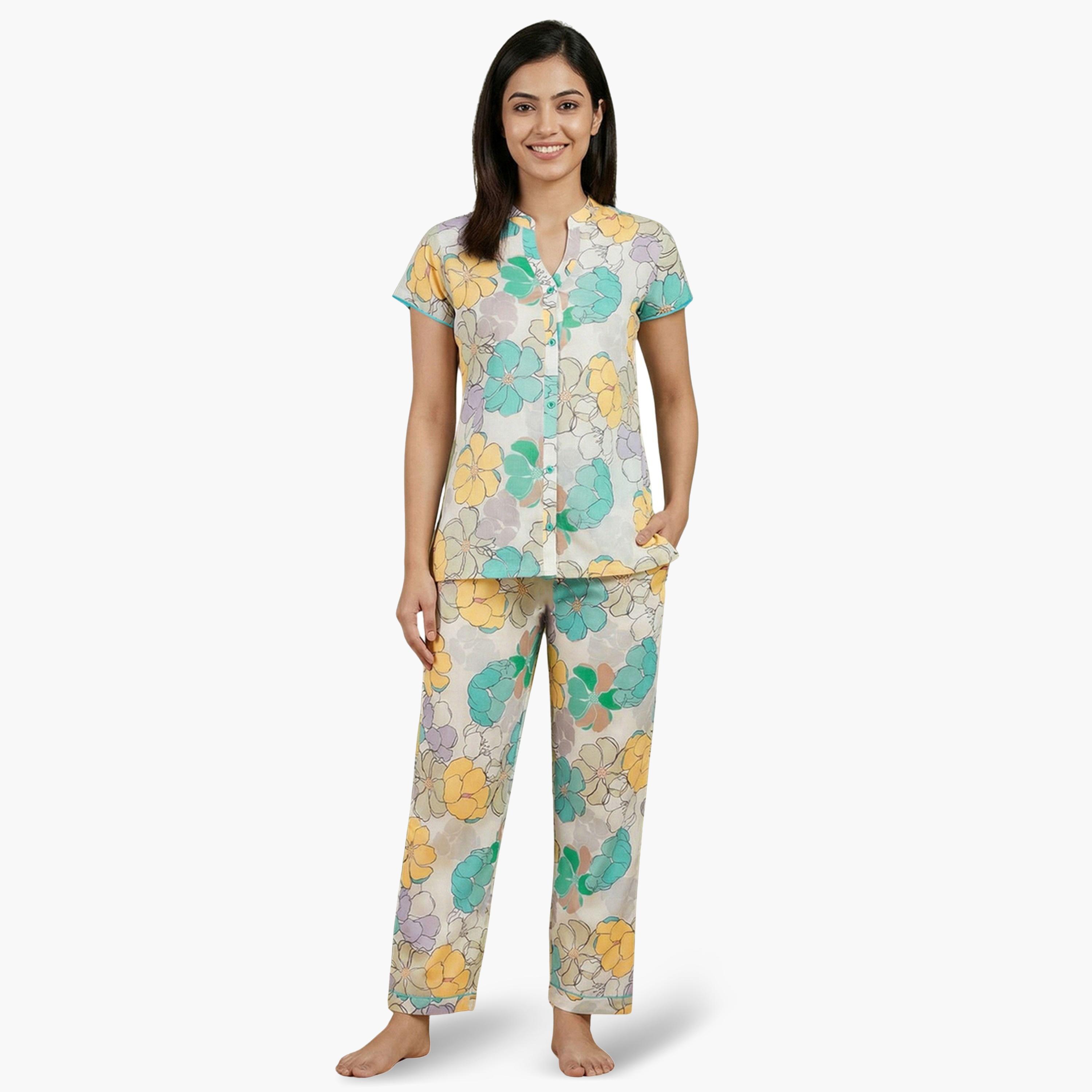 Mish Women Floral Print Cotton Shirt and Pyjama Set-women-clothing-nightwear-pyjamas-longsets-image-1
