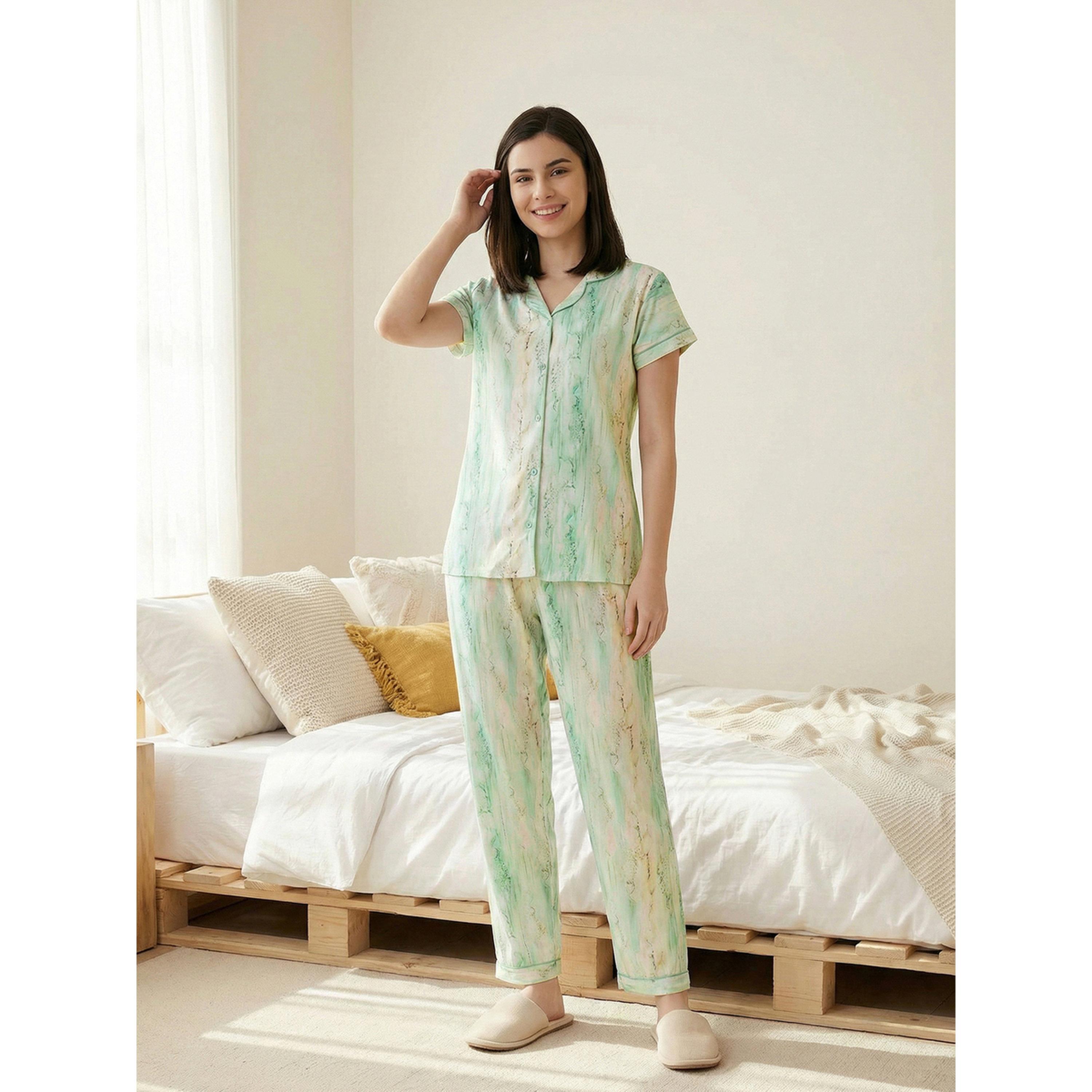 طقم بيجاما من بنطال بلوزة قطن بأكمام قصيرة-women-clothing-nightwear-pyjamas-longsets-image-6
