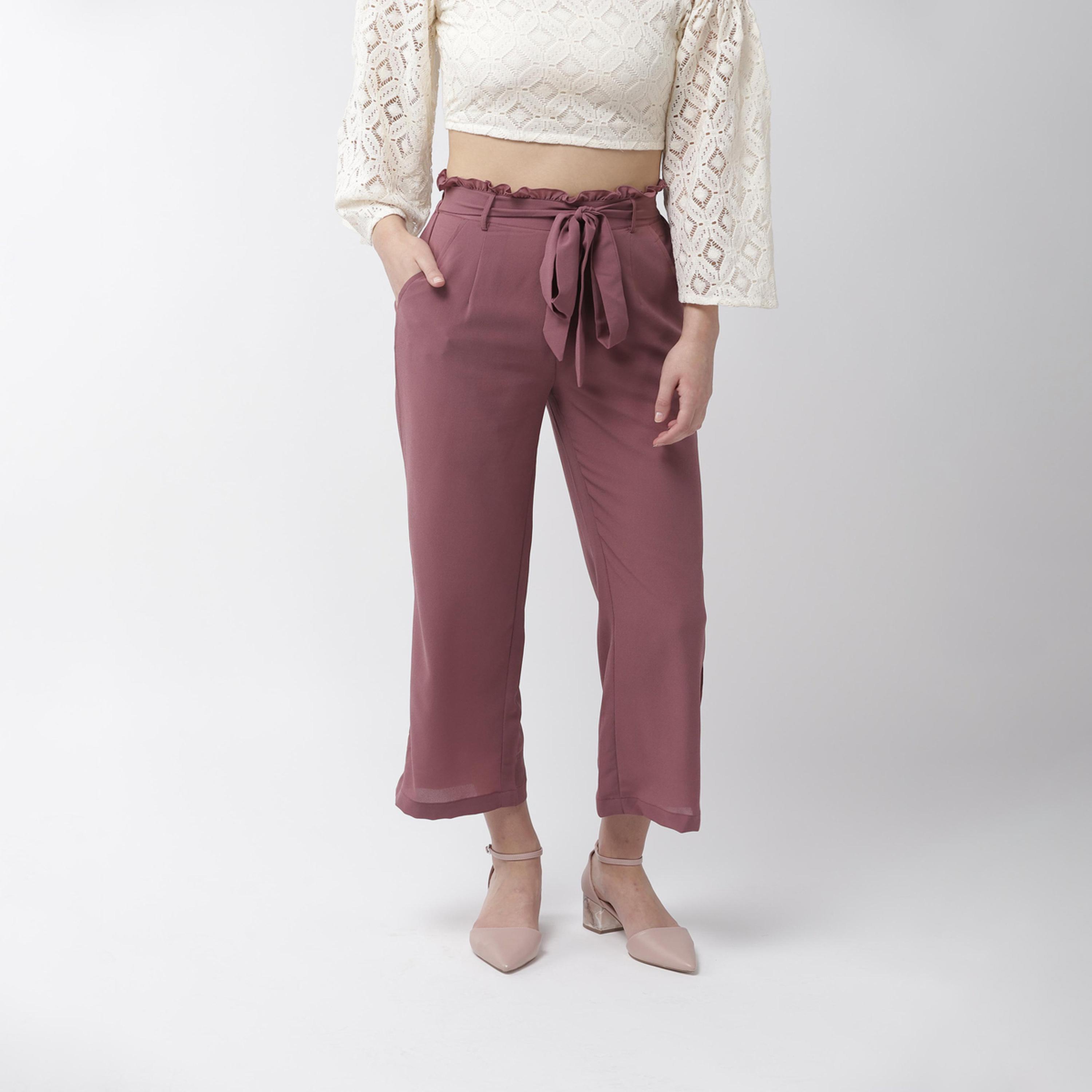 Mish X Styli Mauve High Rise Trousers with Tie-Up Waist-women-clothing-bottoms-joggers-image-1