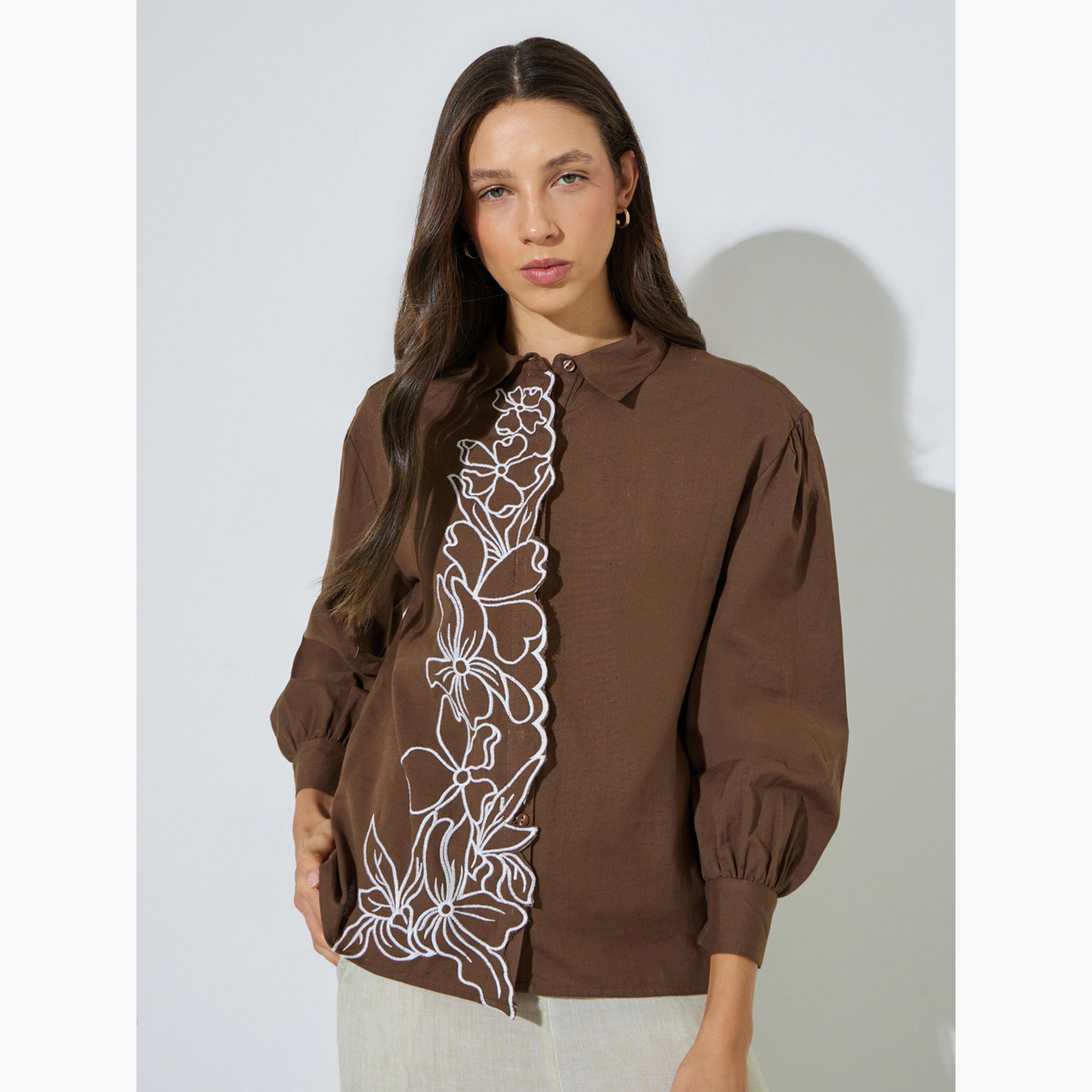 Styli Brown Embroidered Placket Oversized Rayon Shirt-women-clothing-shirtsandblouses-shirts-image-1