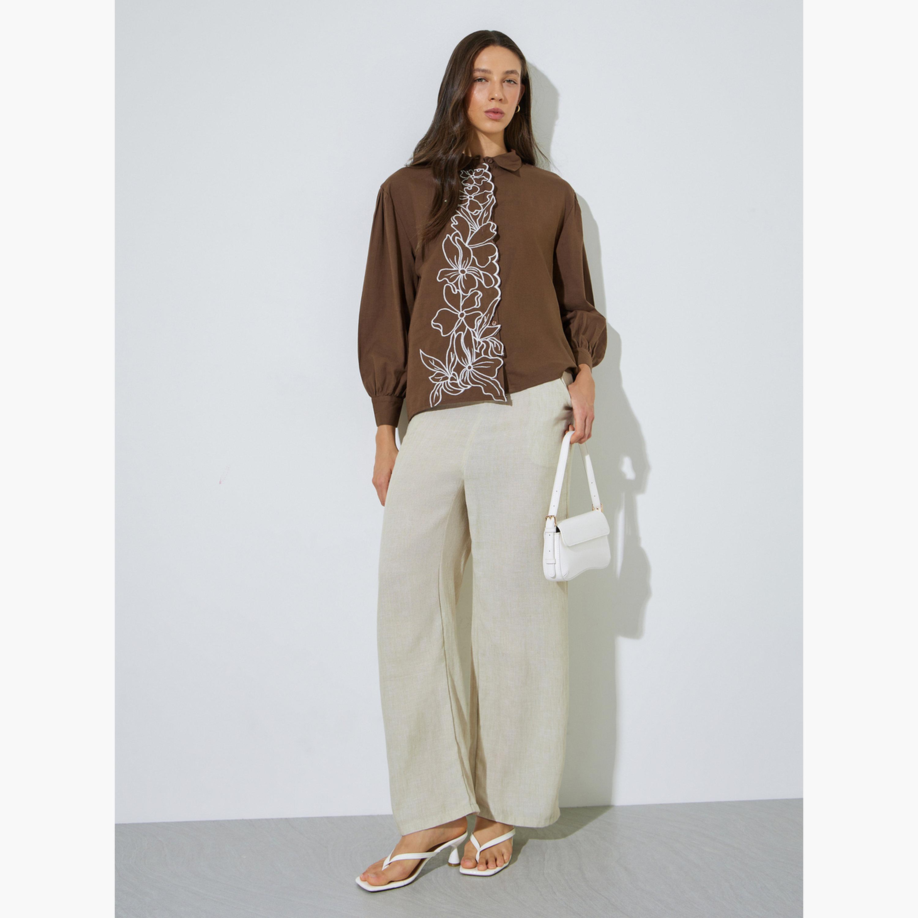 Styli Brown Embroidered Placket Oversized Rayon Shirt-women-clothing-shirtsandblouses-shirts-image-2