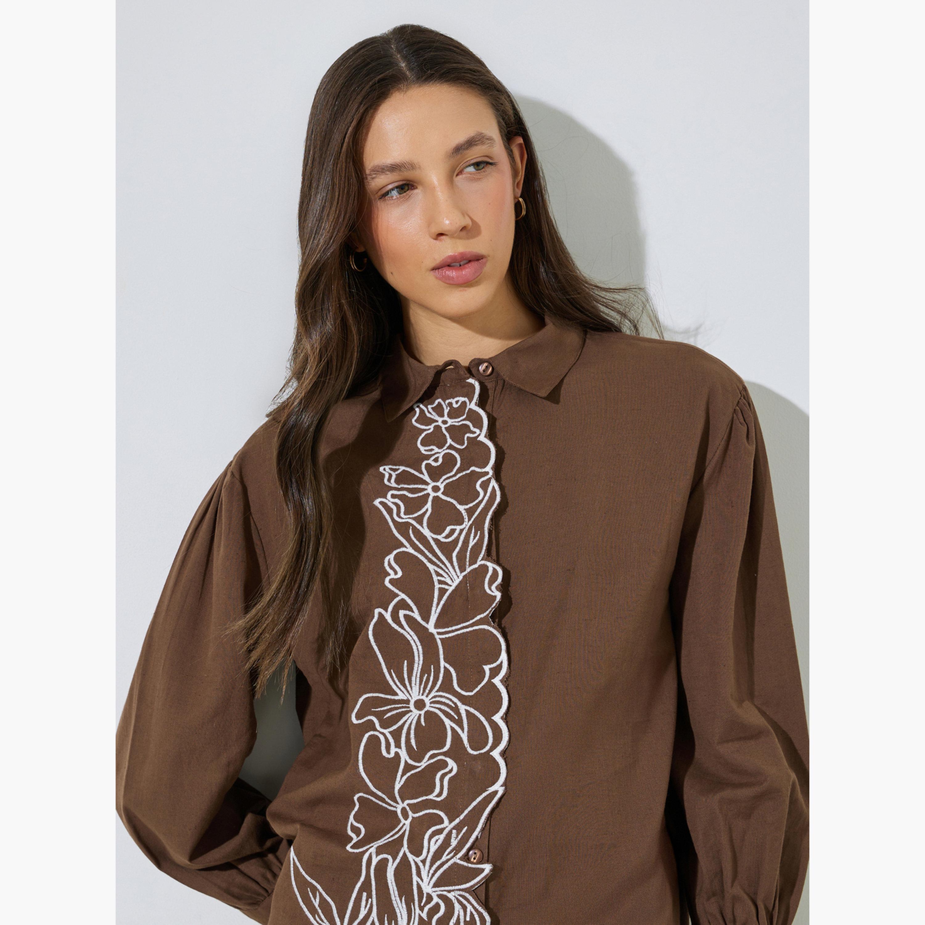 Styli Brown Embroidered Placket Oversized Rayon Shirt-women-clothing-shirtsandblouses-shirts-image-3