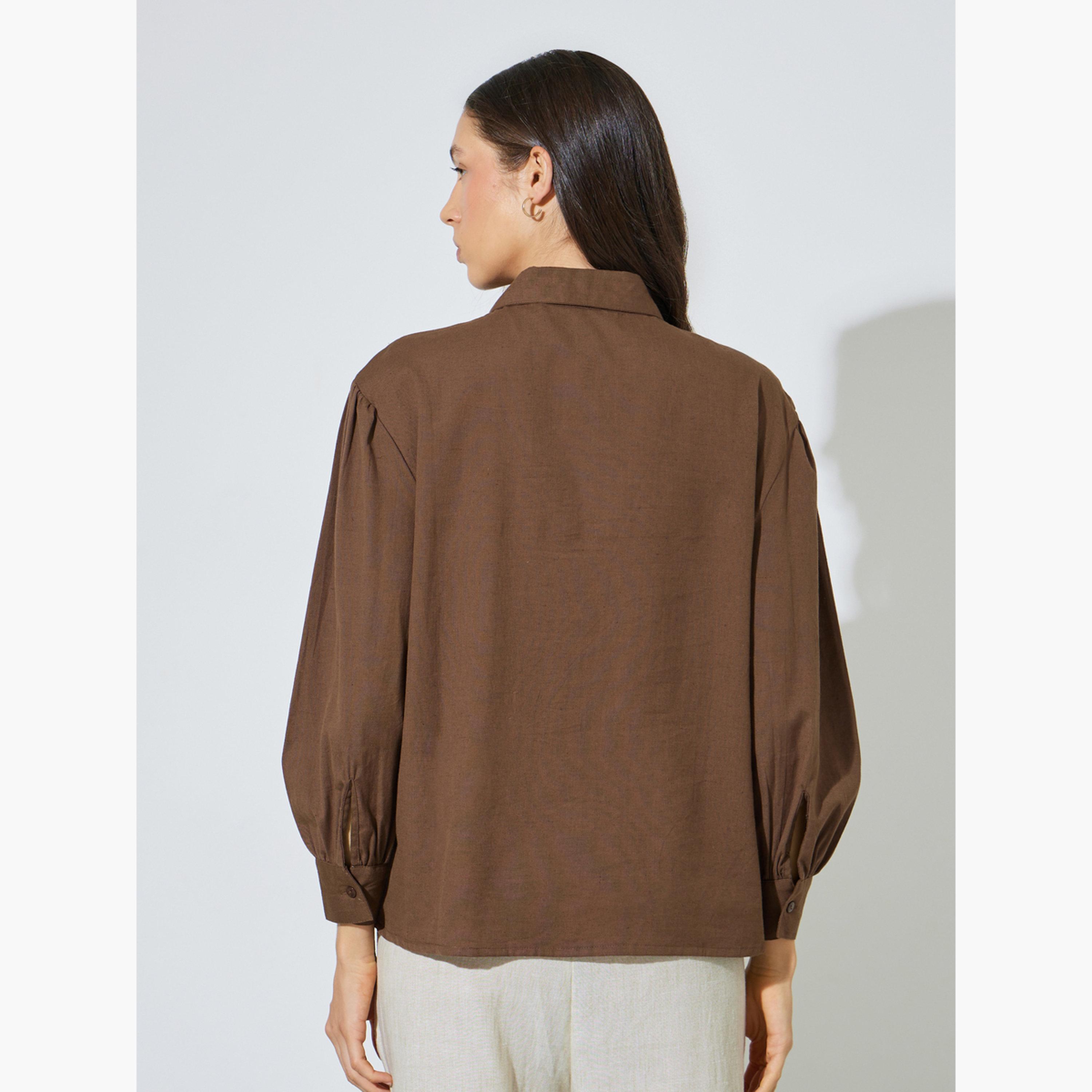 Styli Brown Embroidered Placket Oversized Rayon Shirt-women-clothing-shirtsandblouses-shirts-image-4