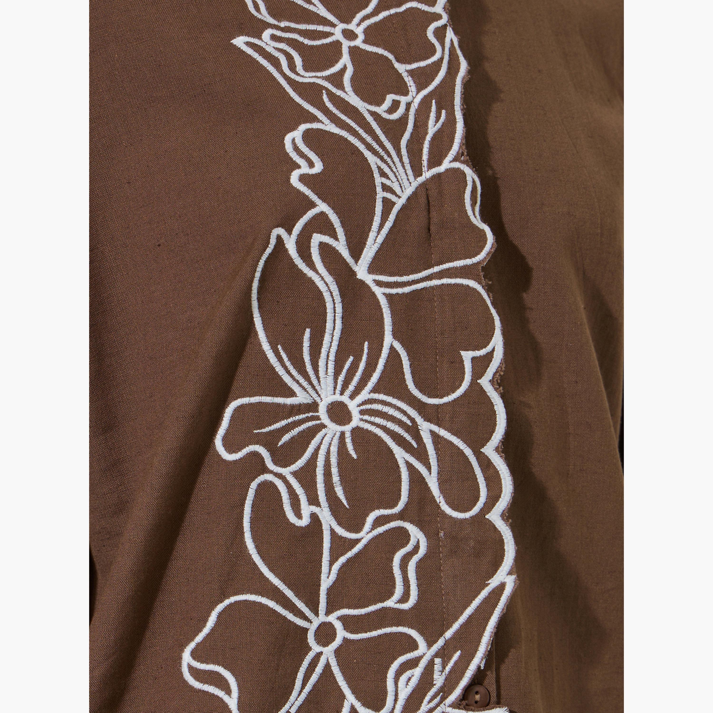 Styli Brown Embroidered Placket Oversized Rayon Shirt-women-clothing-shirtsandblouses-shirts-image-5