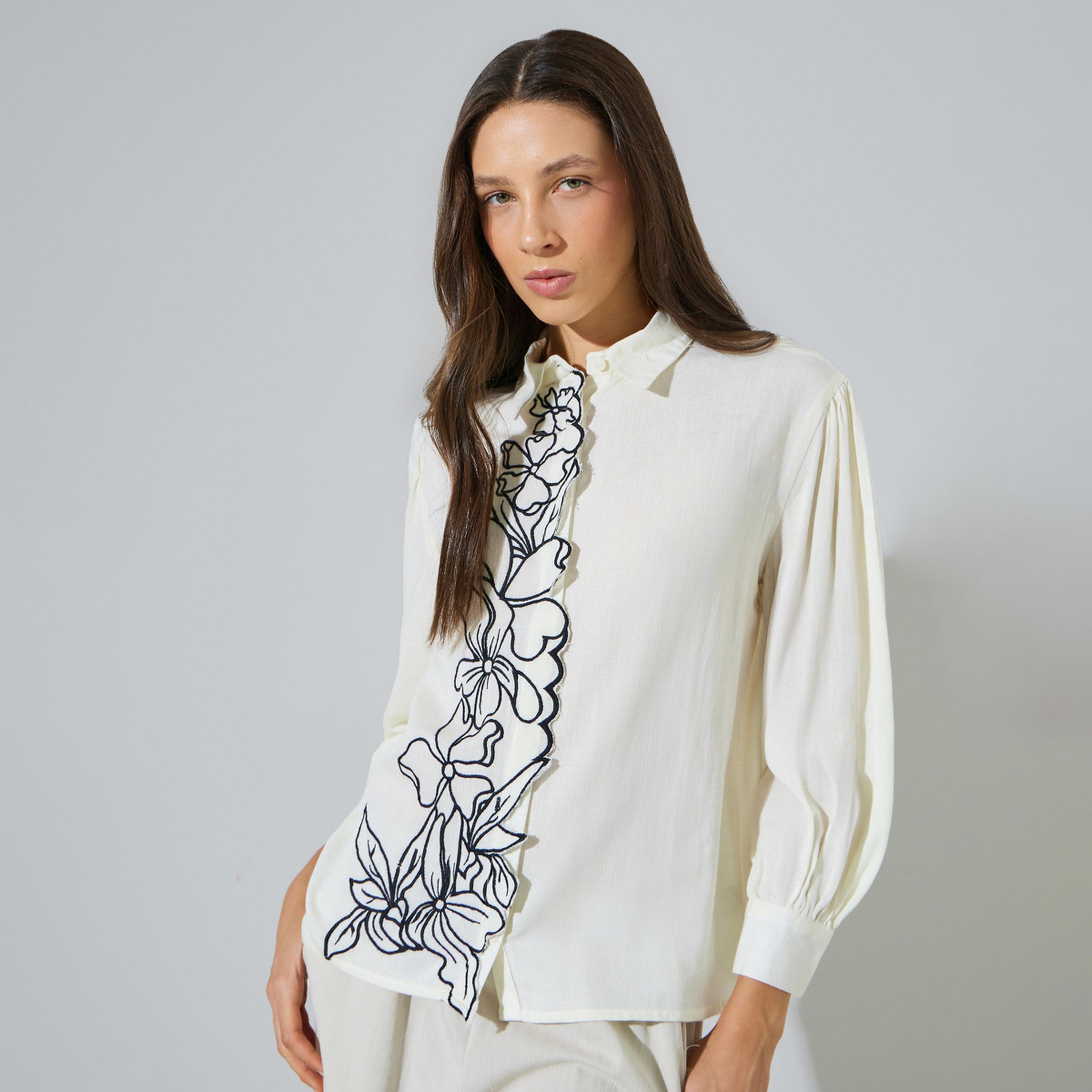 ستايلي - قميص رايون كبير الحجم بياقة مطرزة باللون الأبيض الكريمي-women-clothing-shirtsandblouses-shirts-image-1