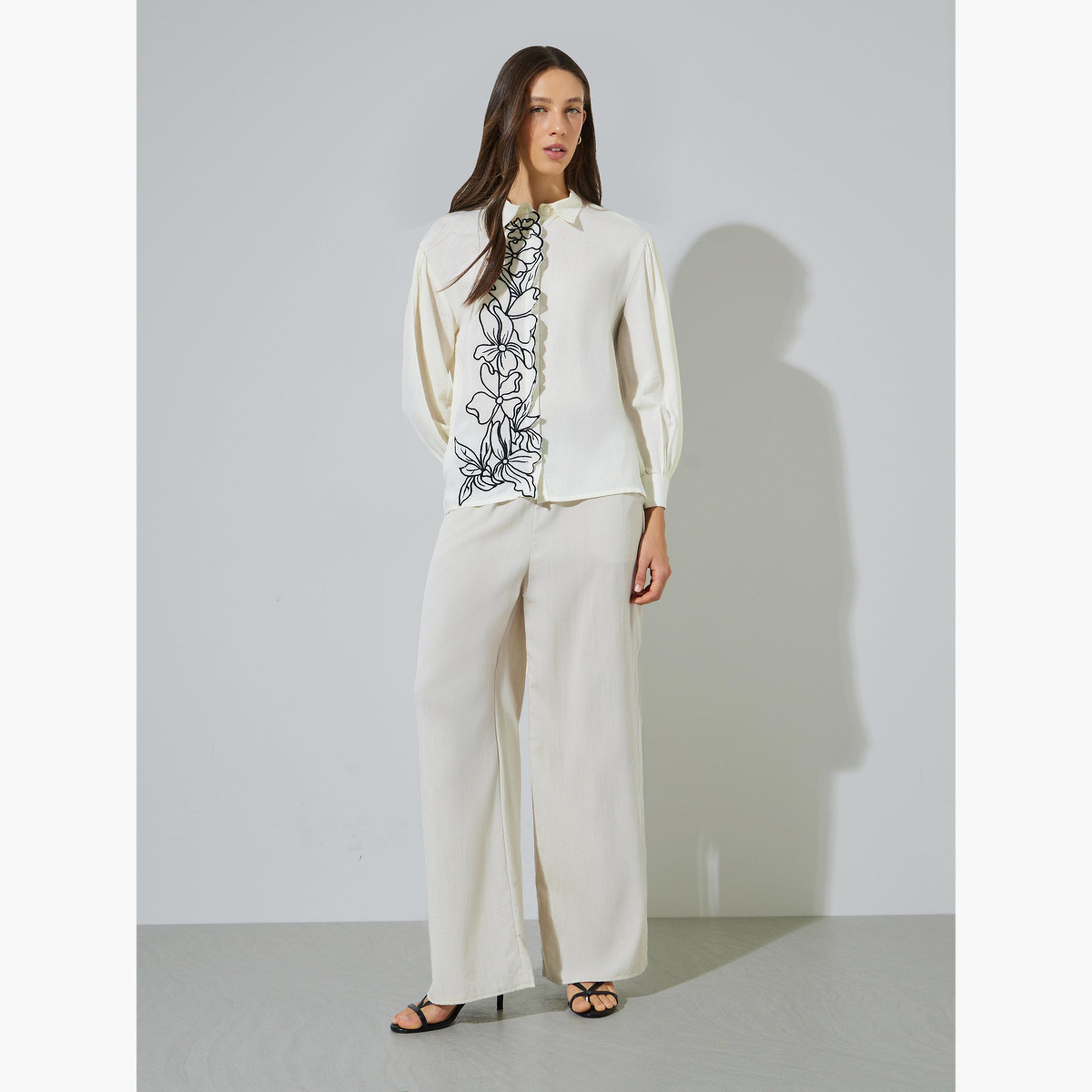 ستايلي - قميص رايون كبير الحجم بياقة مطرزة باللون الأبيض الكريمي-women-clothing-shirtsandblouses-shirts-image-2
