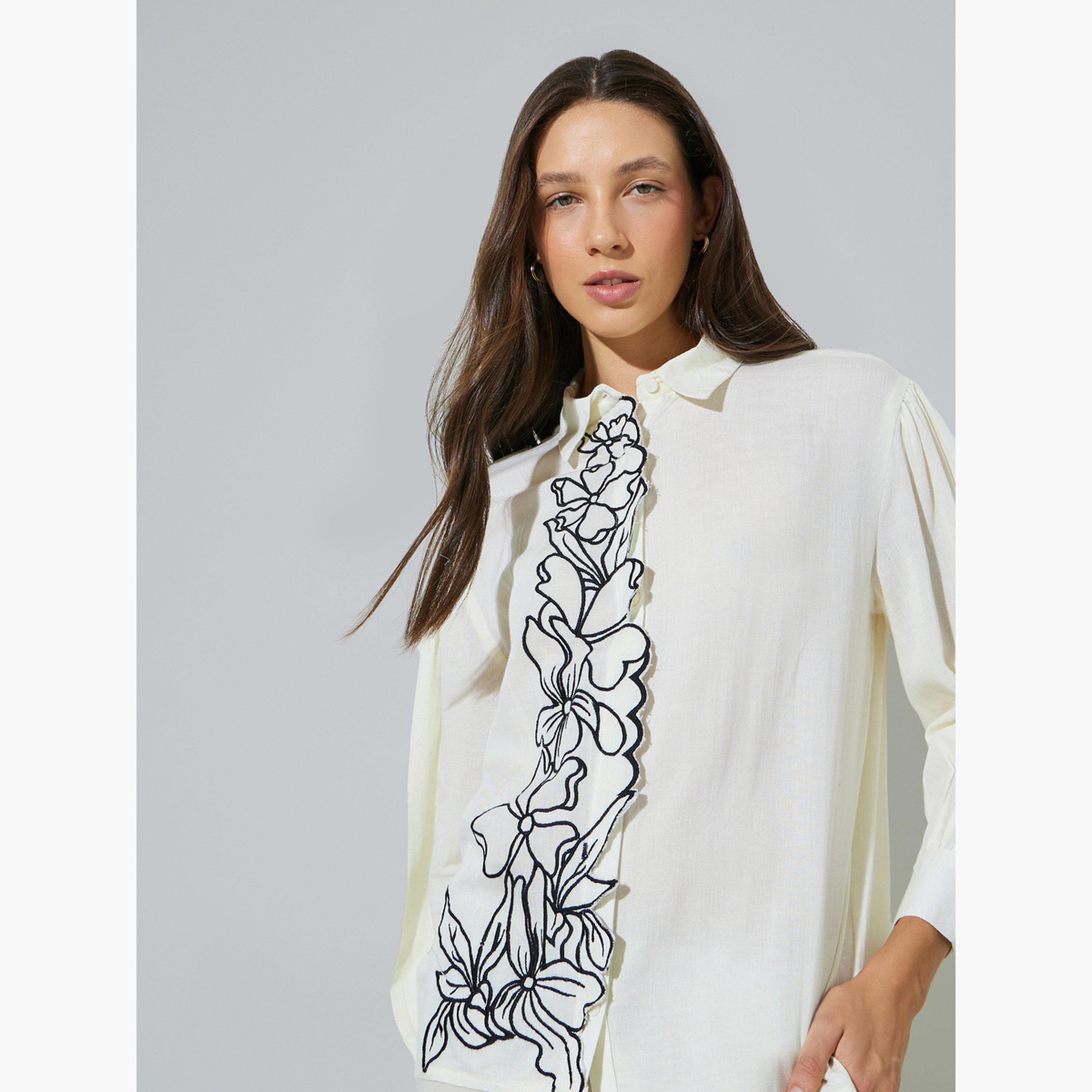 ستايلي - قميص رايون كبير الحجم بياقة مطرزة باللون الأبيض الكريمي-women-clothing-shirtsandblouses-shirts-image-3