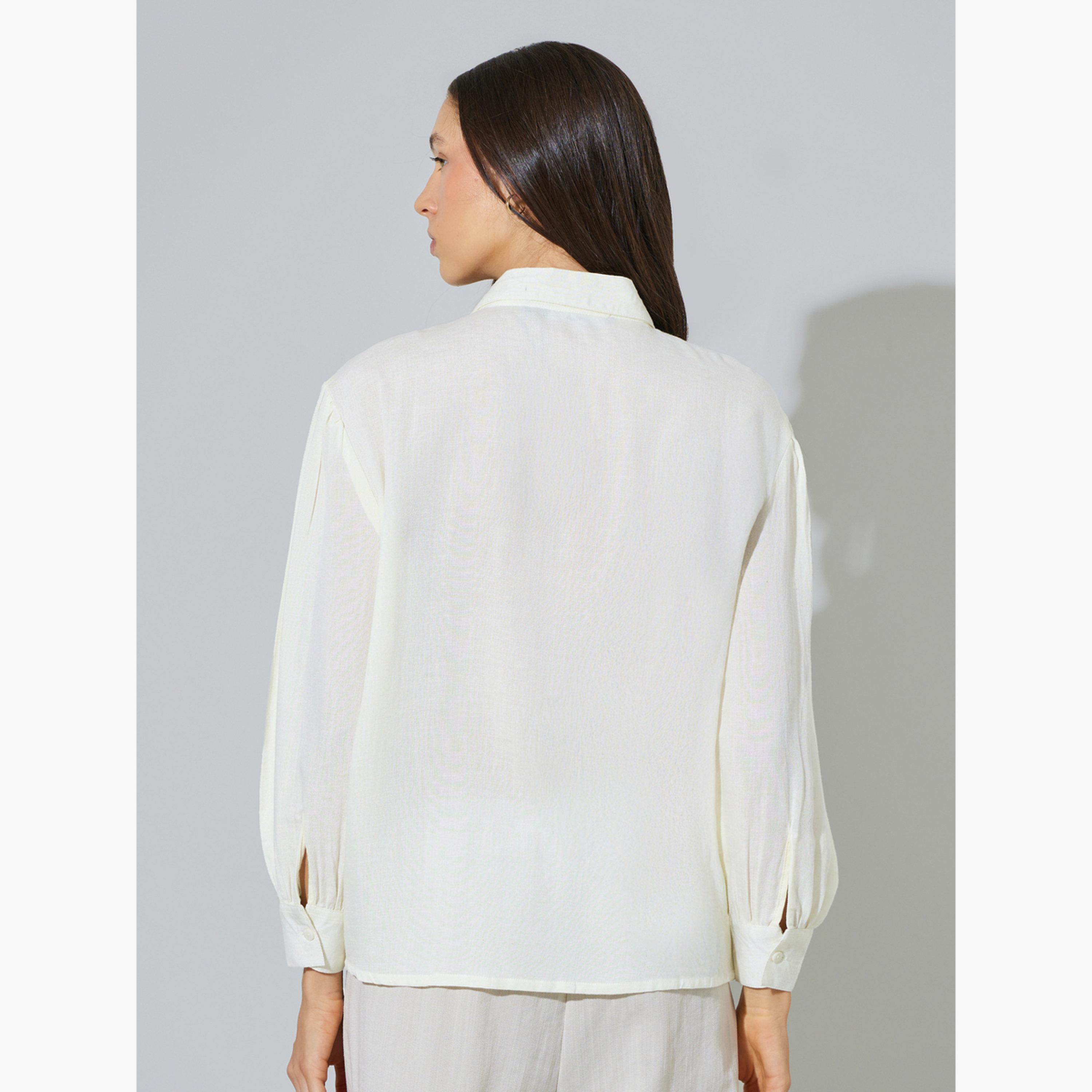 ستايلي - قميص رايون كبير الحجم بياقة مطرزة باللون الأبيض الكريمي-women-clothing-shirtsandblouses-shirts-image-4