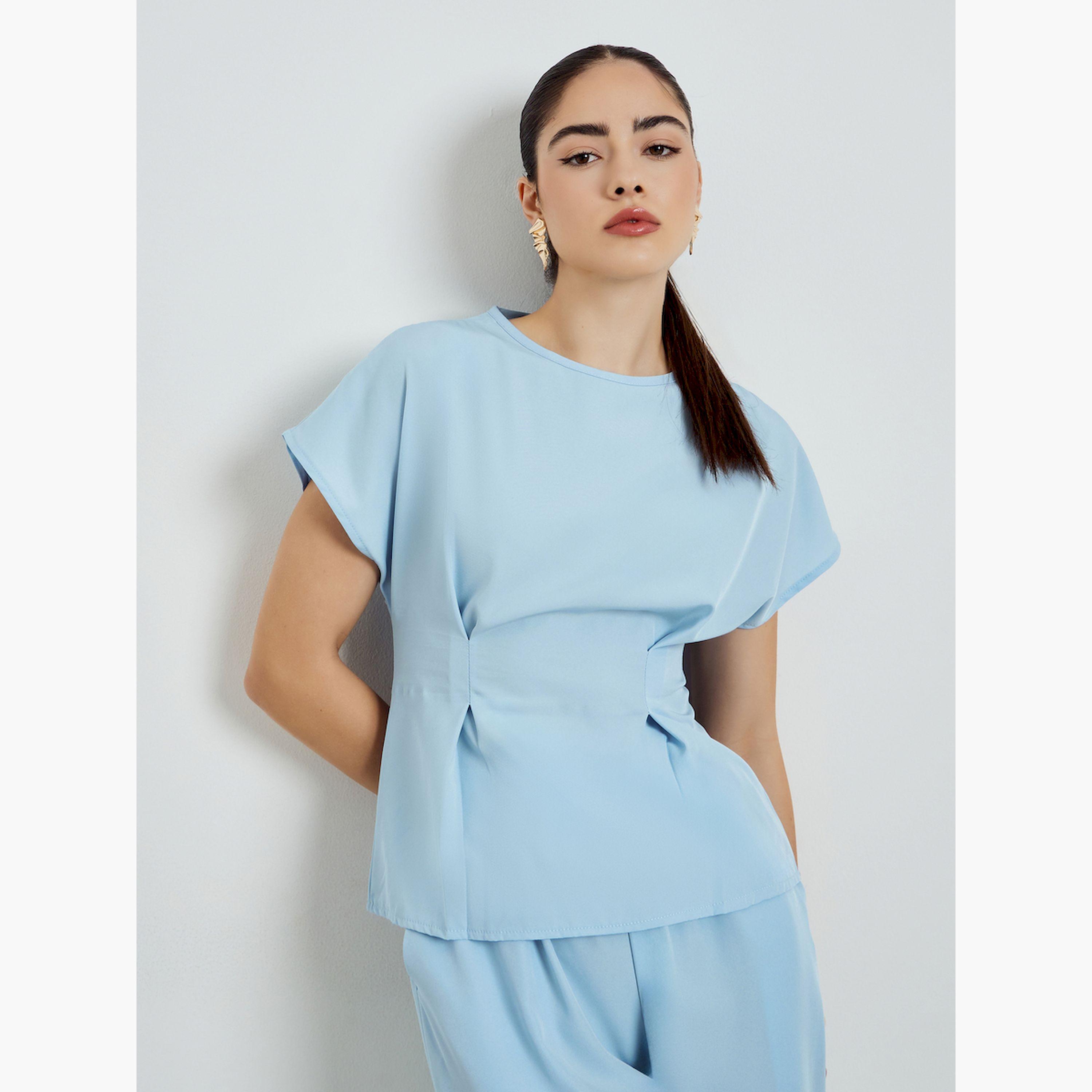 طقم منسق من بنطال وبلوزة بخصر بكسرات-women-clothing-coordsets-image-2