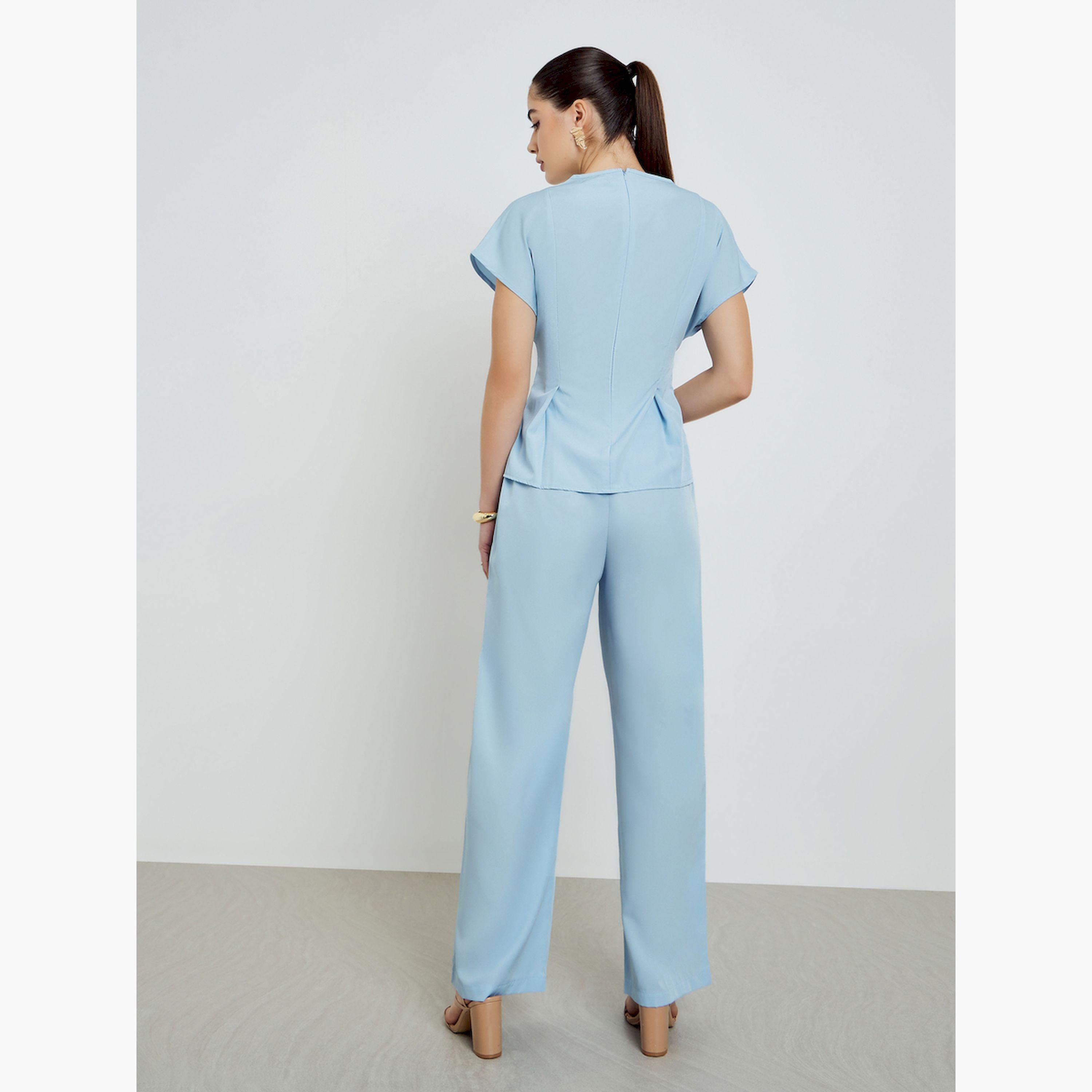 طقم منسق من بنطال وبلوزة بخصر بكسرات-women-clothing-coordsets-image-5