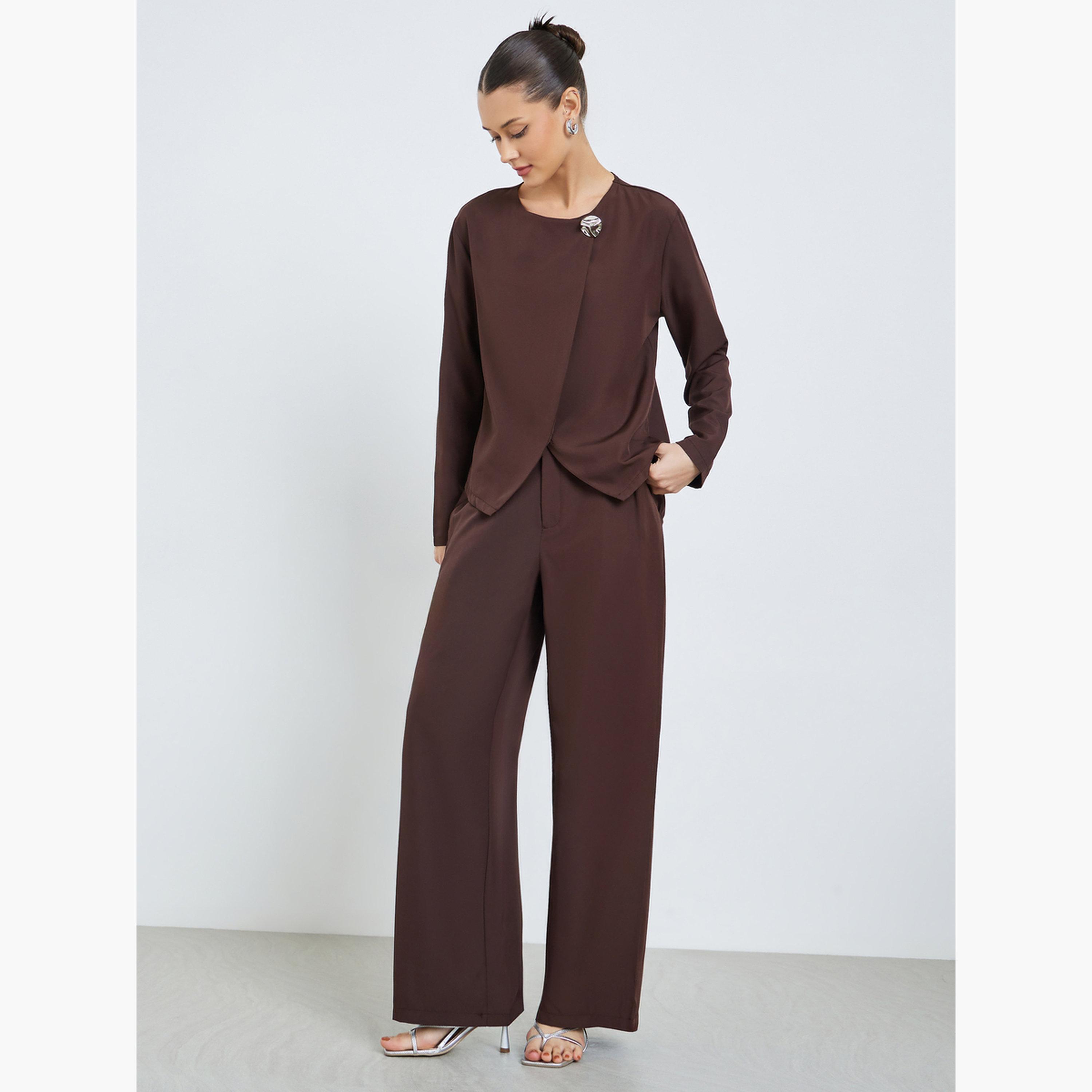Styli Brown Asymmetric Top and Wide Leg Trousers Co-Ords-women-clothing-coordsets-image-1