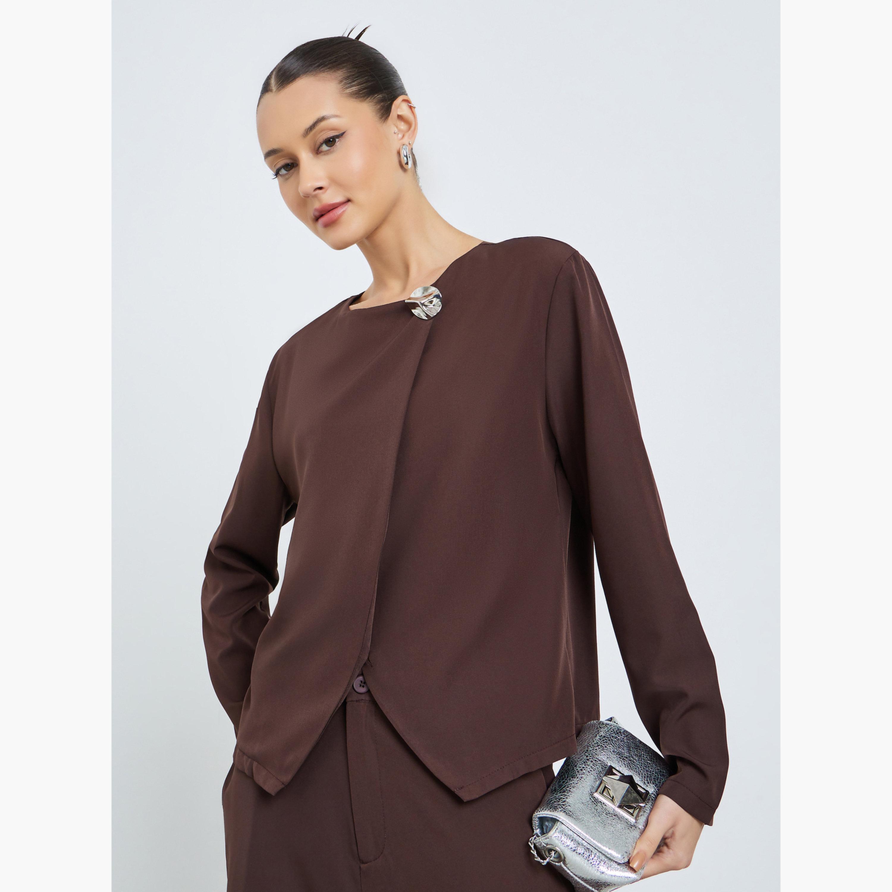 طقم منسق بلوزة غير متماثل وبنطلون واسع باللون البني-women-clothing-coordsets-image-2