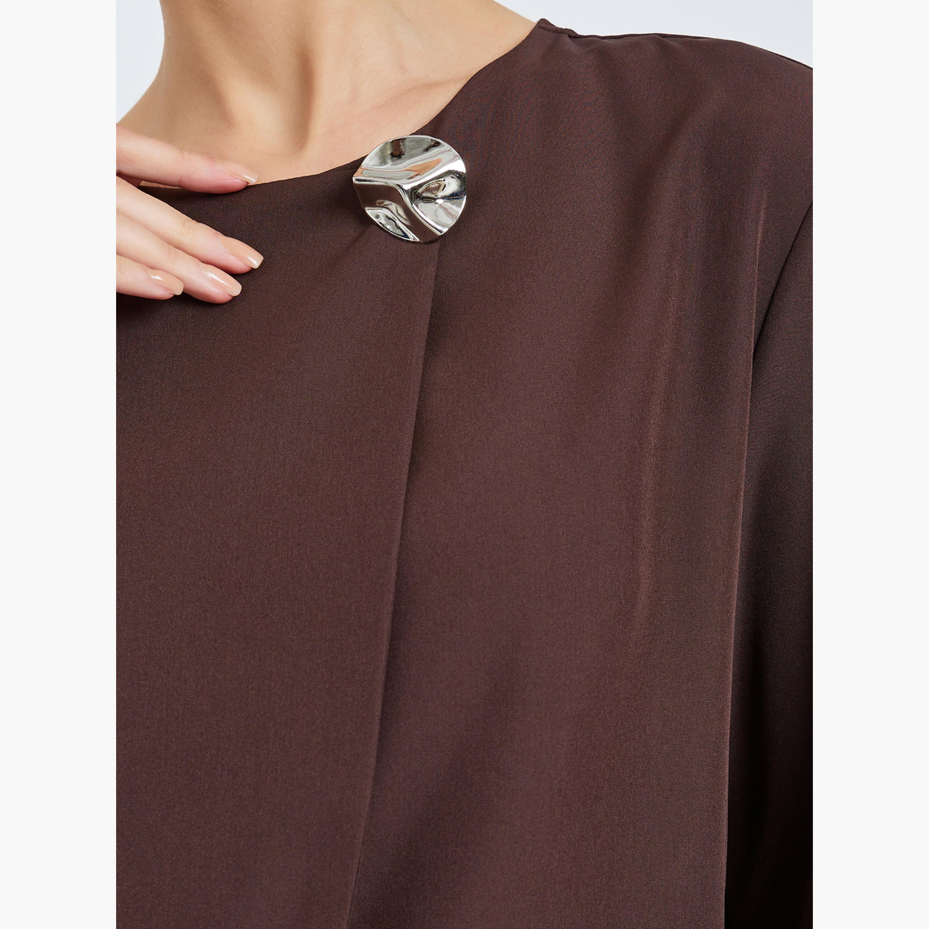 طقم منسق بلوزة غير متماثل وبنطلون واسع باللون البني-women-clothing-coordsets-image-3