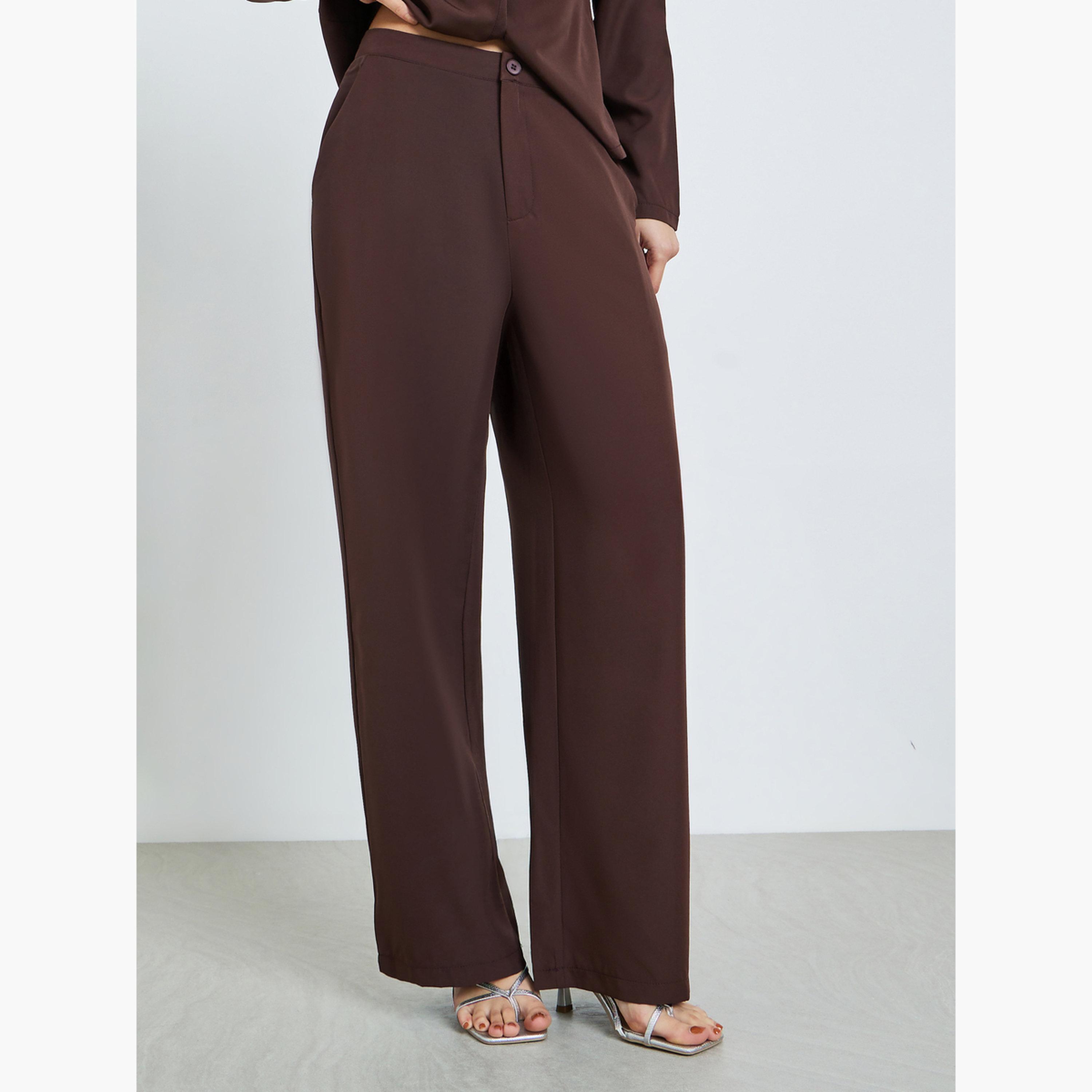 طقم منسق بلوزة غير متماثل وبنطلون واسع باللون البني-women-clothing-coordsets-image-4