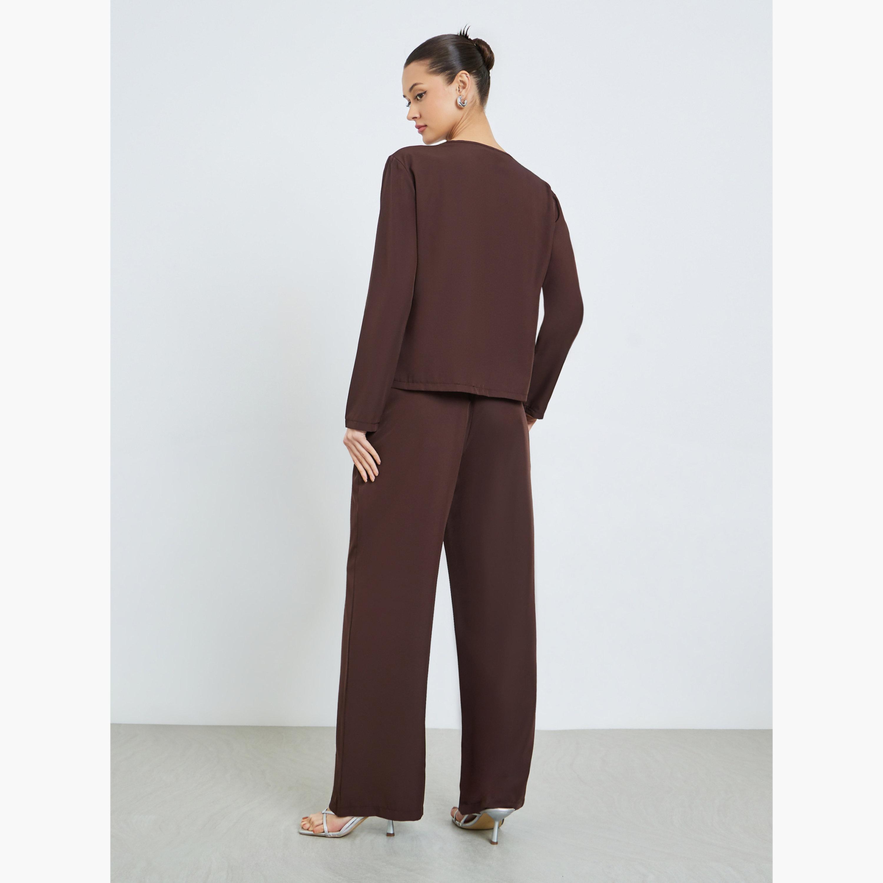 طقم منسق بلوزة غير متماثل وبنطلون واسع باللون البني-women-clothing-coordsets-image-5
