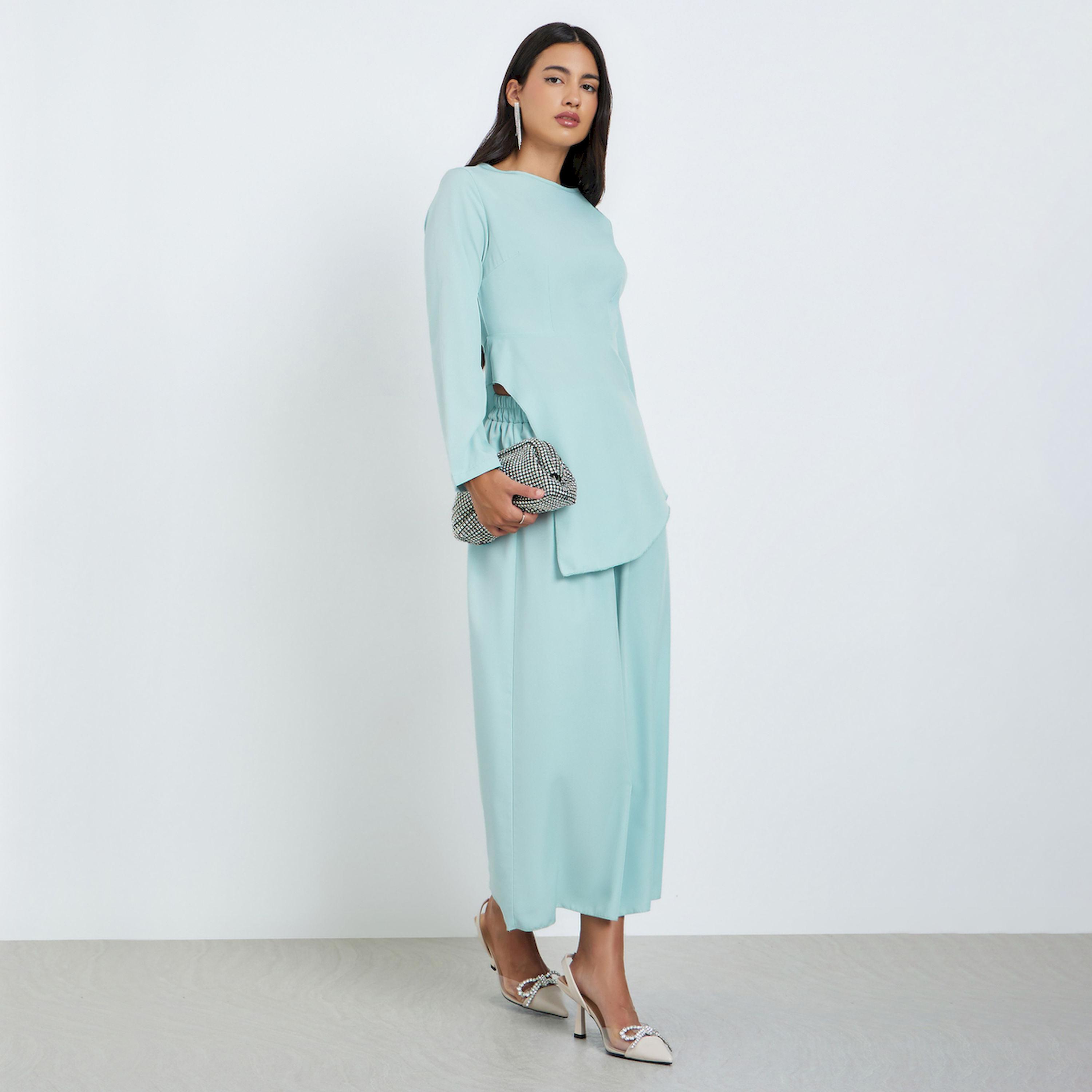 Styli Green Asymmetric Hem Top and Maxi Skirts Set-women-clothing-coordsets-image-1
