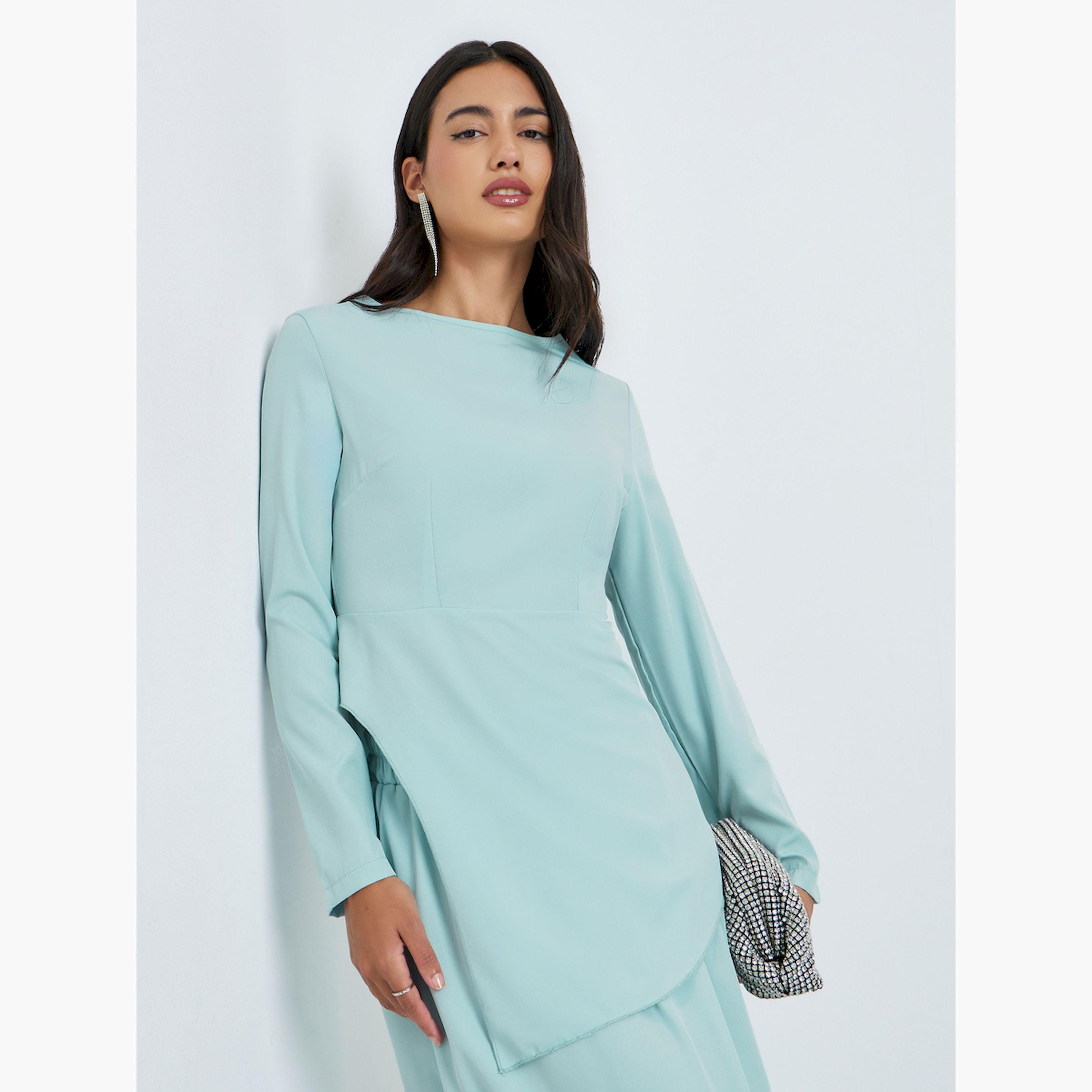 Styli Green Asymmetric Hem Top and Maxi Skirts Set-women-clothing-coordsets-image-2