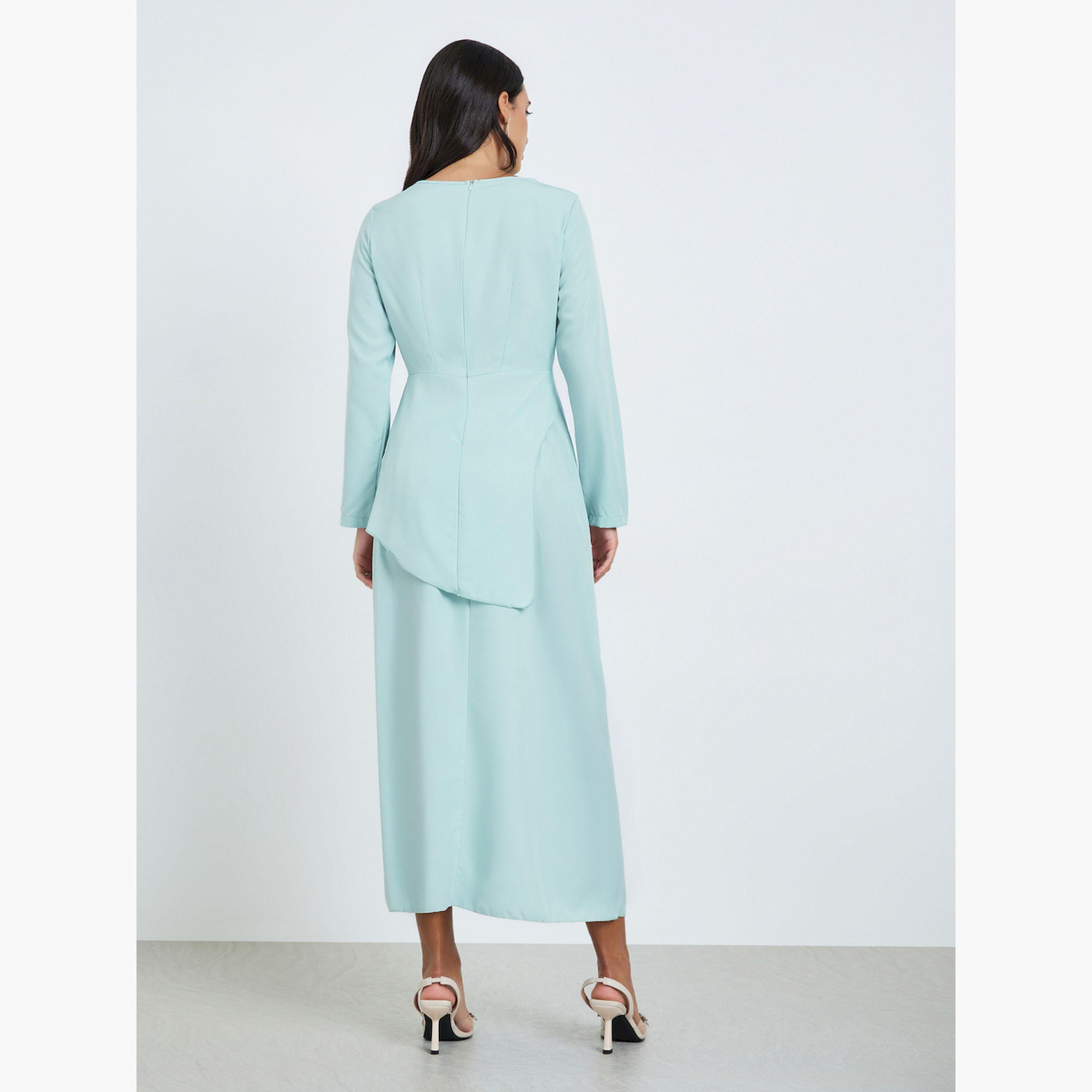 Styli Green Asymmetric Hem Top and Maxi Skirts Set-women-clothing-coordsets-image-5