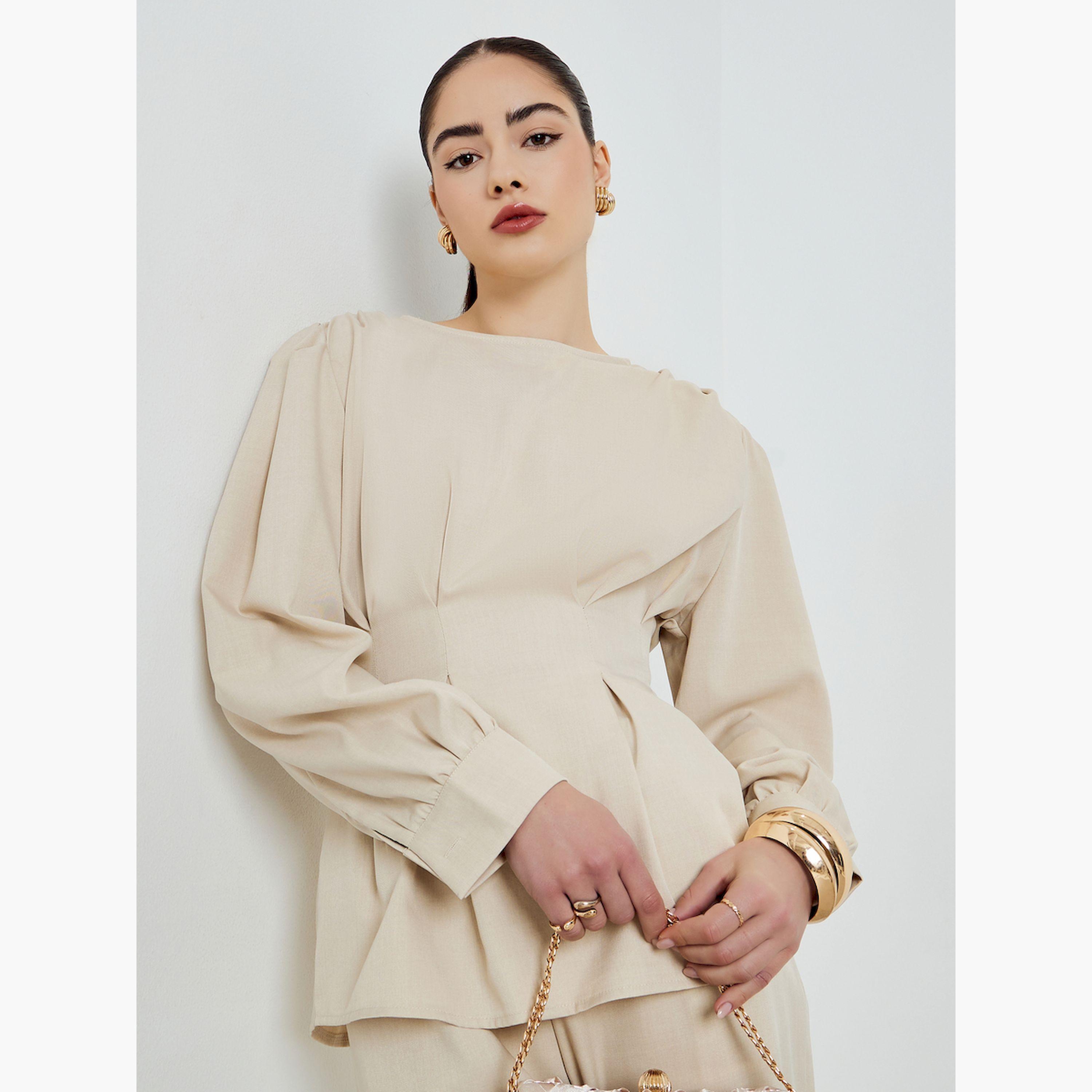 طقم منسق من بنطال بأرجل واسعة وبلوزة بأكمام طويلة وكسرات-women-clothing-coordsets-image-2