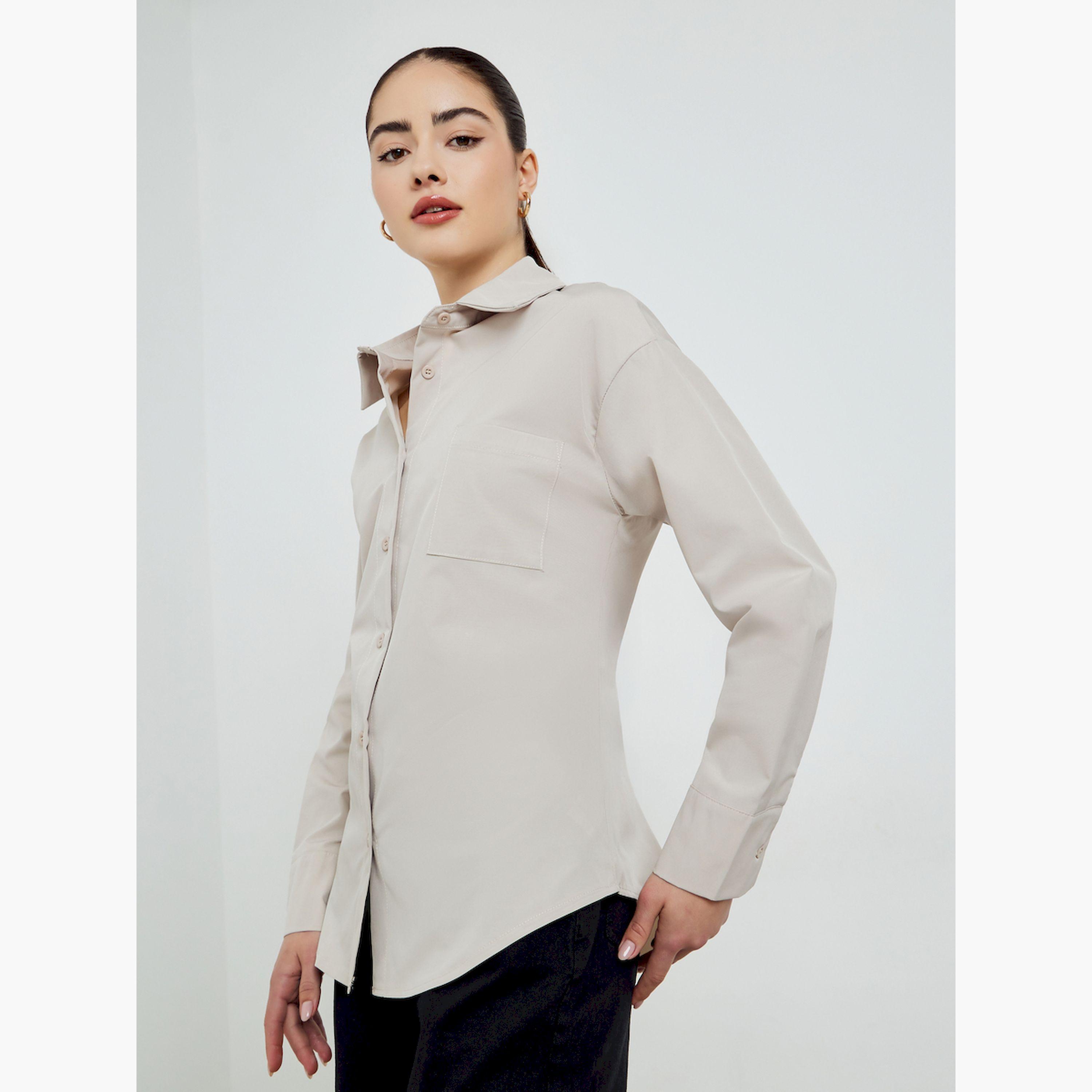 Styli Beige Solid Oversized Pleated Shirt-women-clothing-shirtsandblouses-shirts-image-3