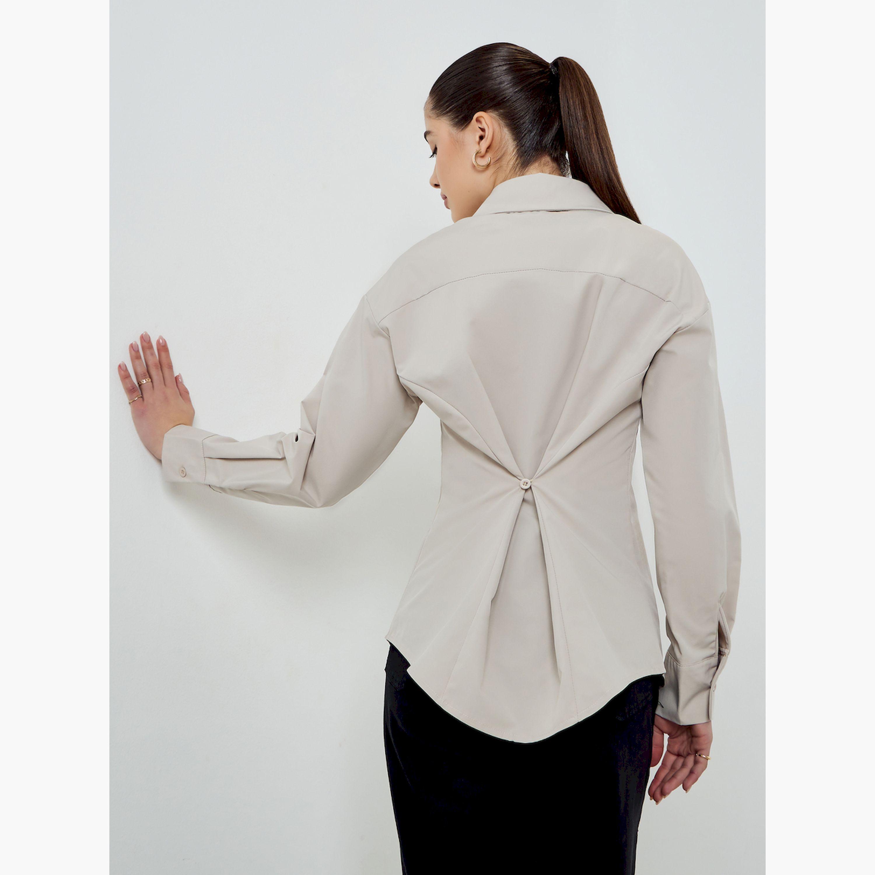 Styli Beige Solid Oversized Pleated Shirt-women-clothing-shirtsandblouses-shirts-image-4