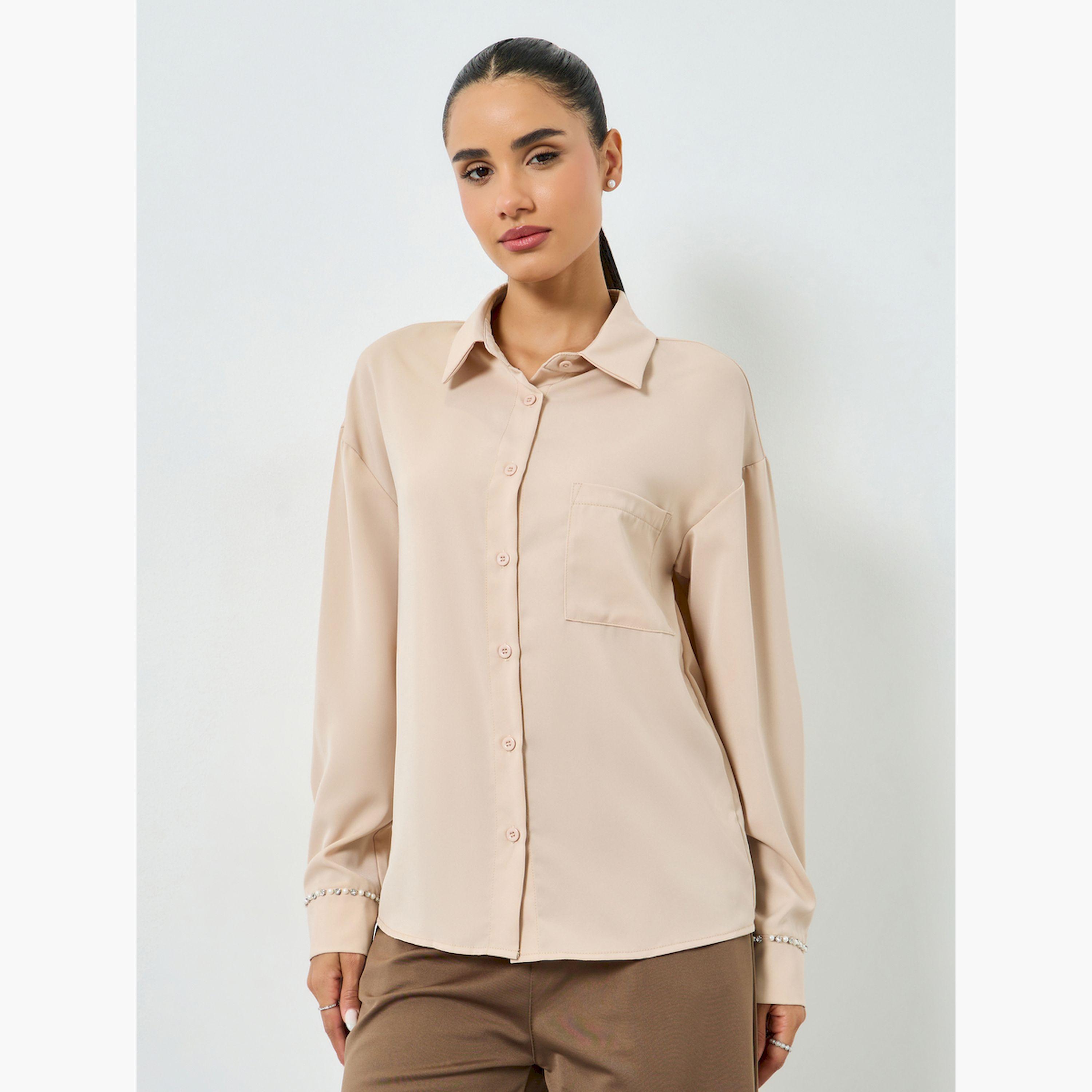 Styli Beige Embellished Cuff Buttoned Shirt-women-clothing-shirtsandblouses-shirts-image-1