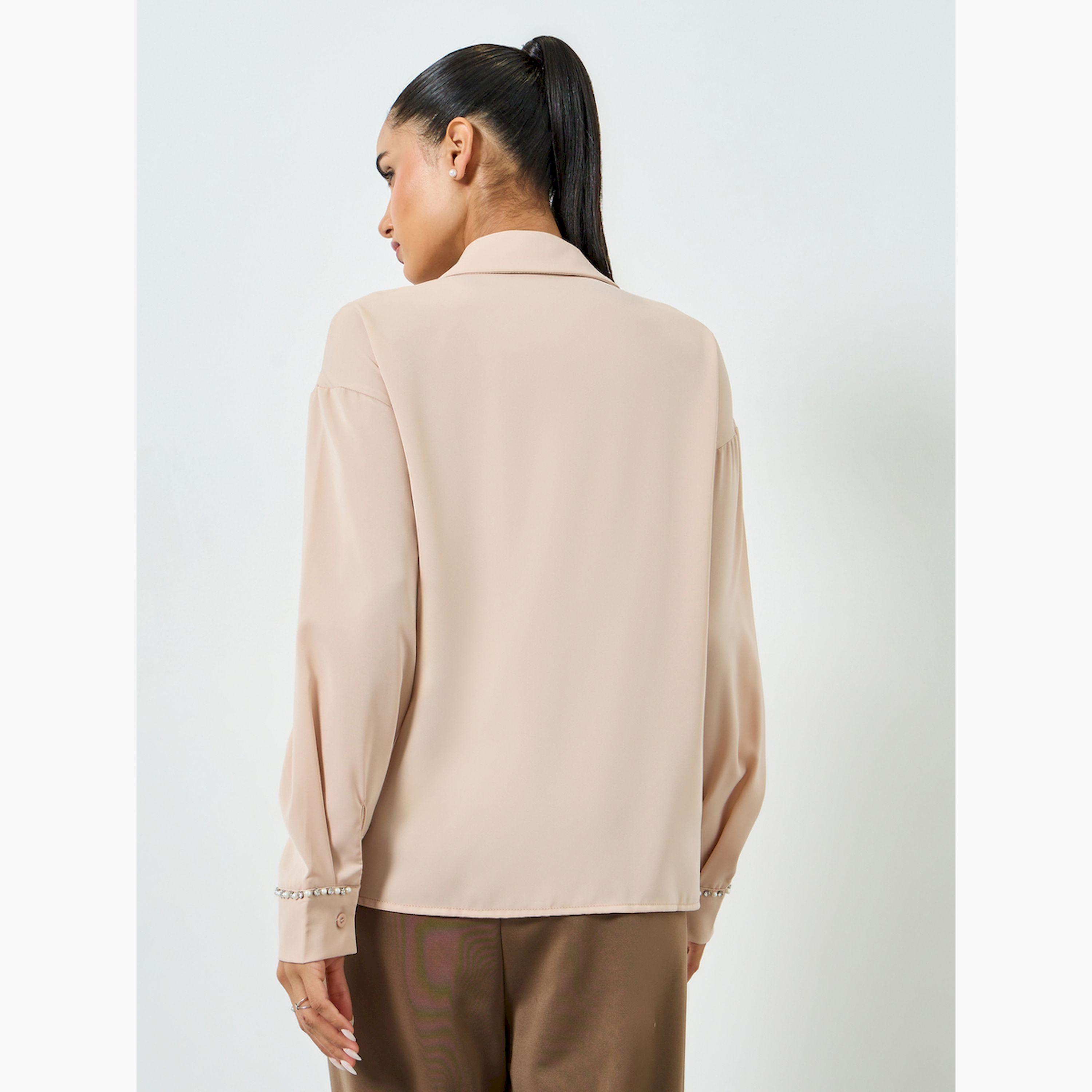 Styli Beige Embellished Cuff Buttoned Shirt-women-clothing-shirtsandblouses-shirts-image-4