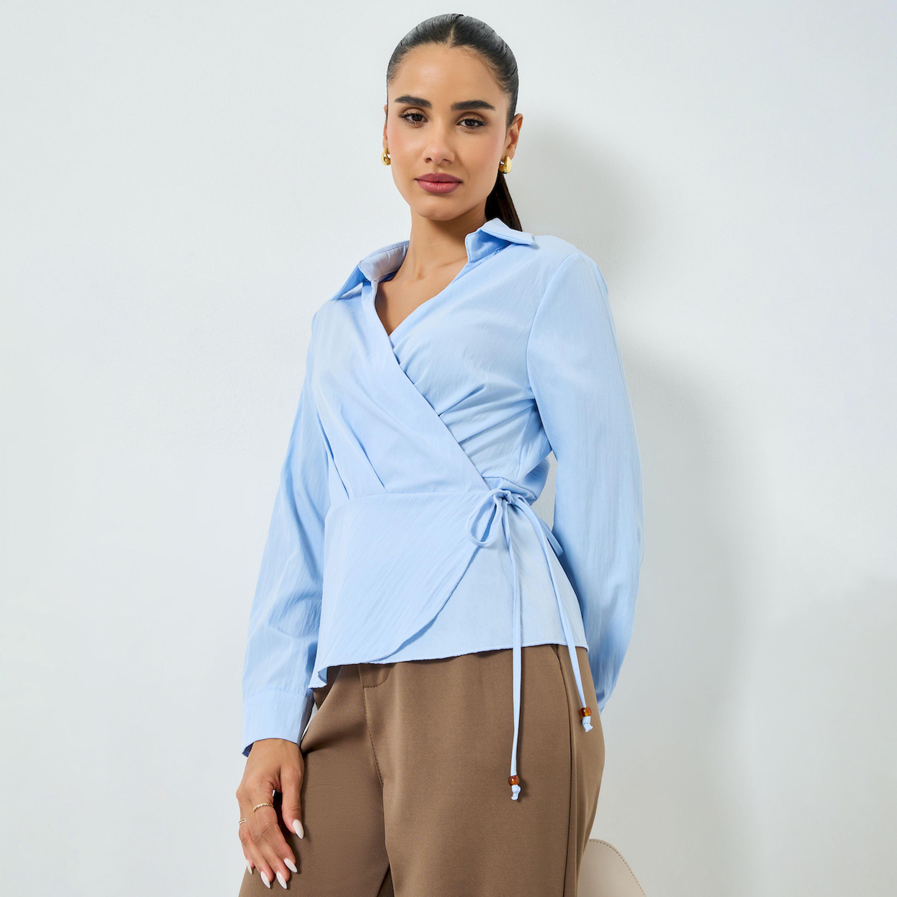 Styli Blue Wrap Long Sleeve Tie Detail Shirt-women-clothing-shirtsandblouses-blouses-image-1