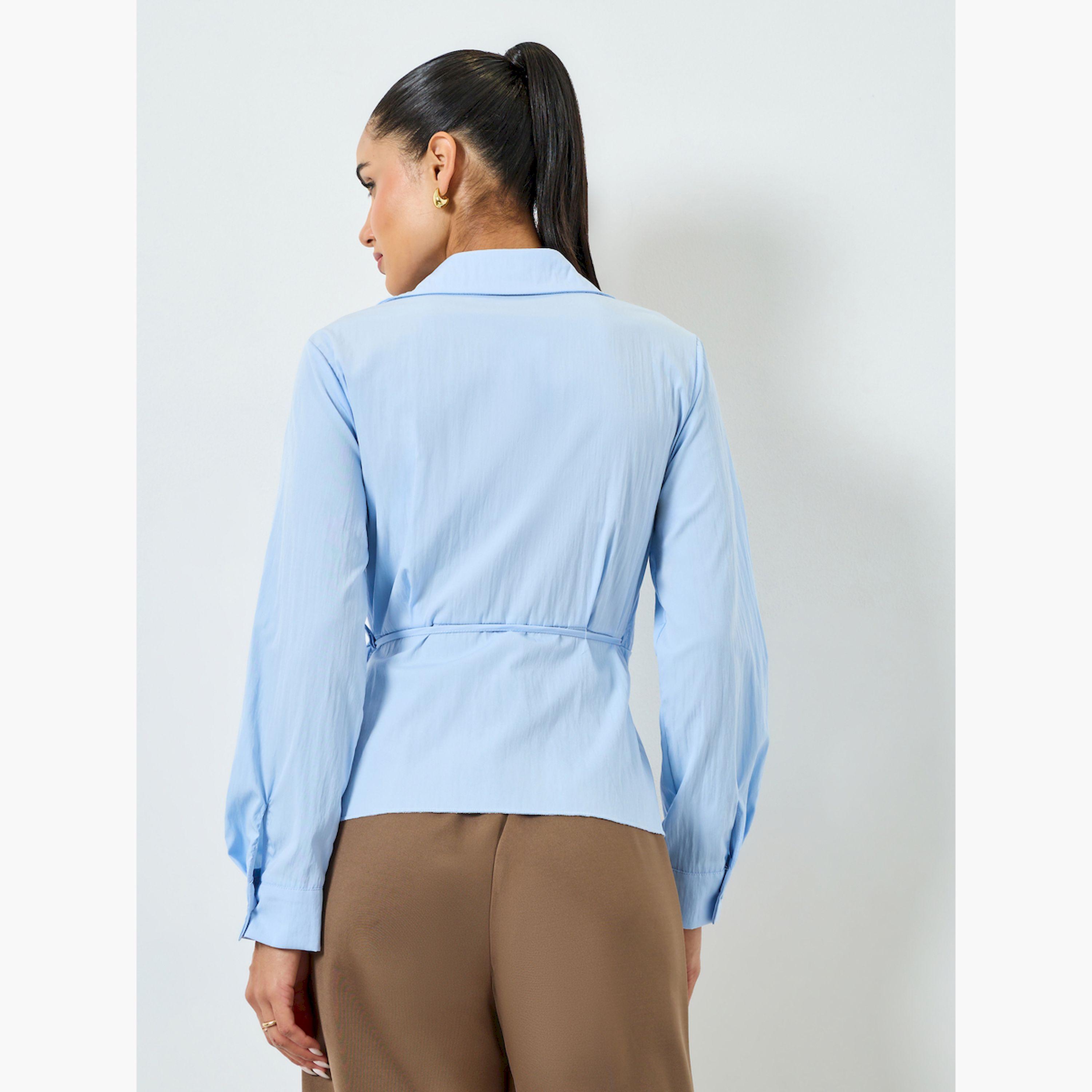 Styli Blue Wrap Long Sleeve Tie Detail Shirt-women-clothing-shirtsandblouses-blouses-image-3
