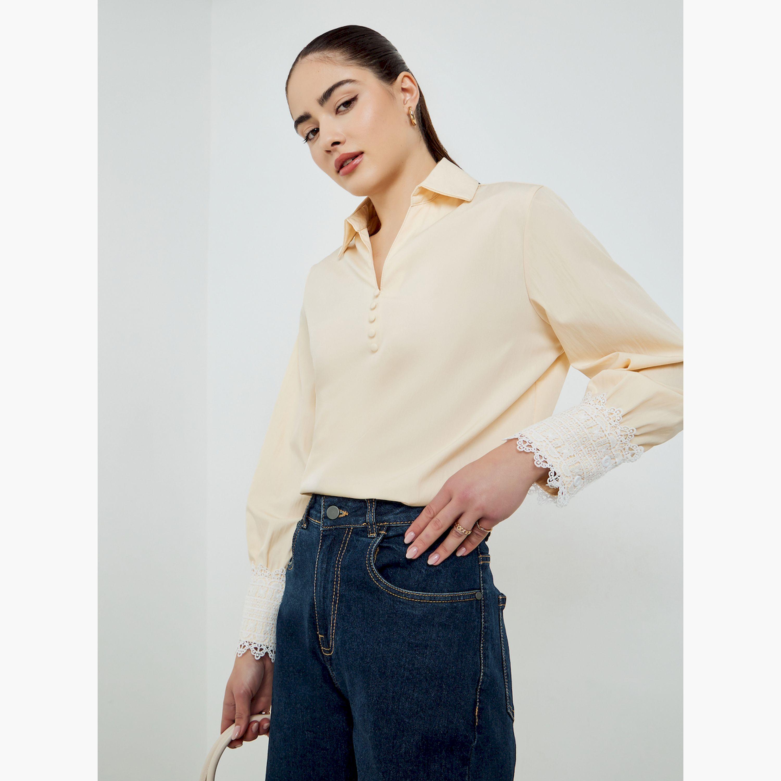 Styli Yellow Lace Trimmed Cuff Blouse-women-clothing-shirtsandblouses-blouses-image-1