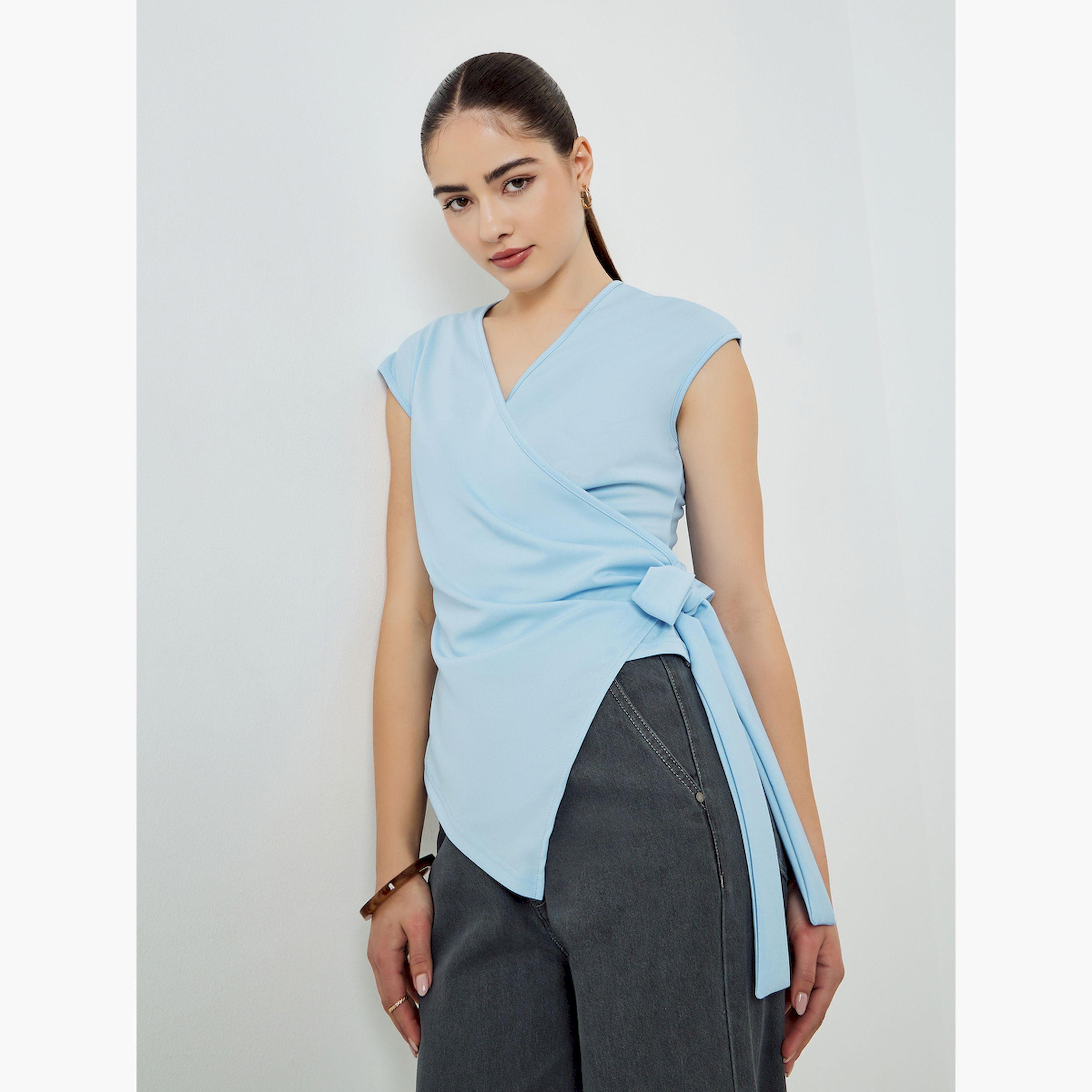 Styli Blue Sleeveless Tie-Waist Wrap Top-women-clothing-shirtsandblouses-blouses-image-1