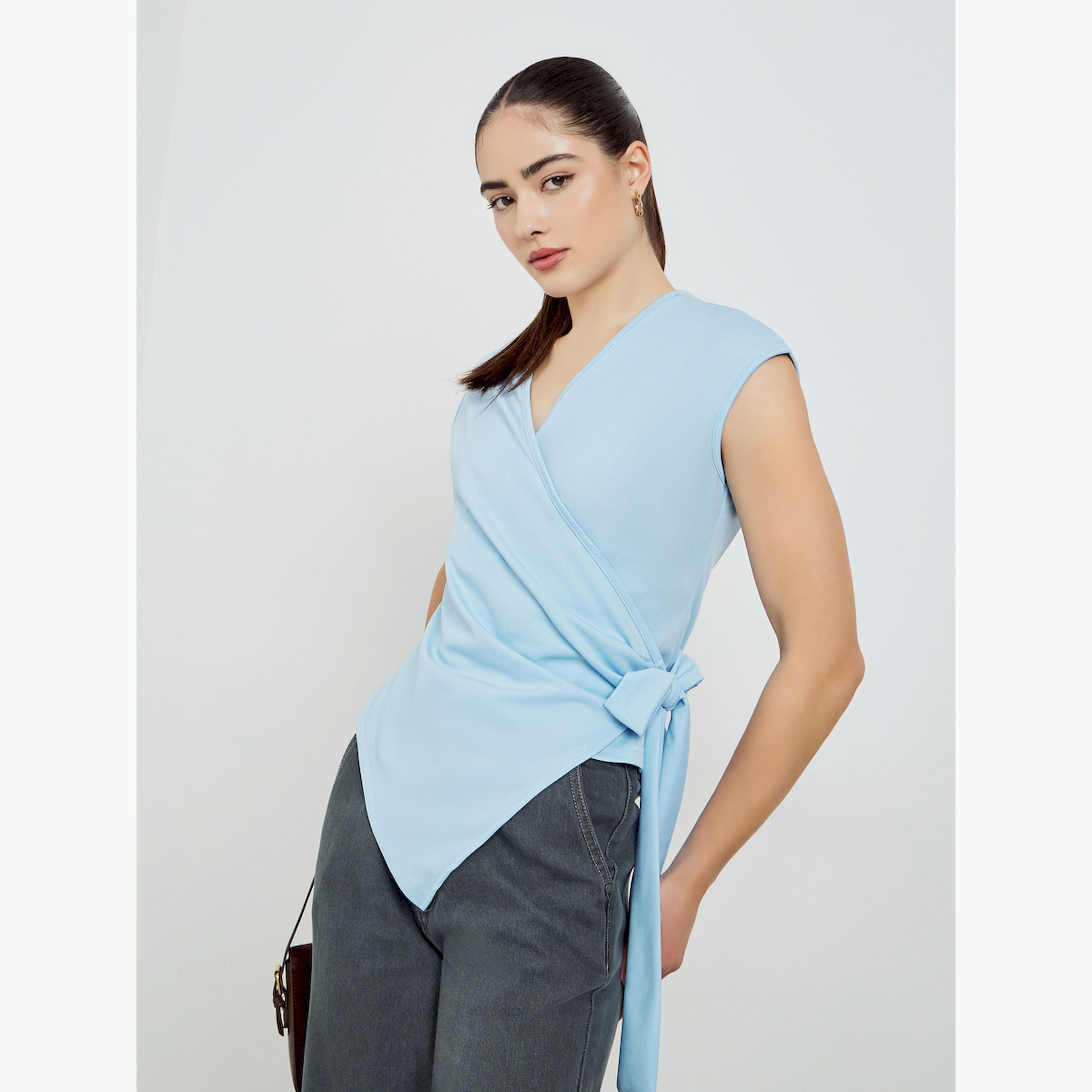 Styli Blue Sleeveless Tie-Waist Wrap Top-women-clothing-shirtsandblouses-blouses-image-3