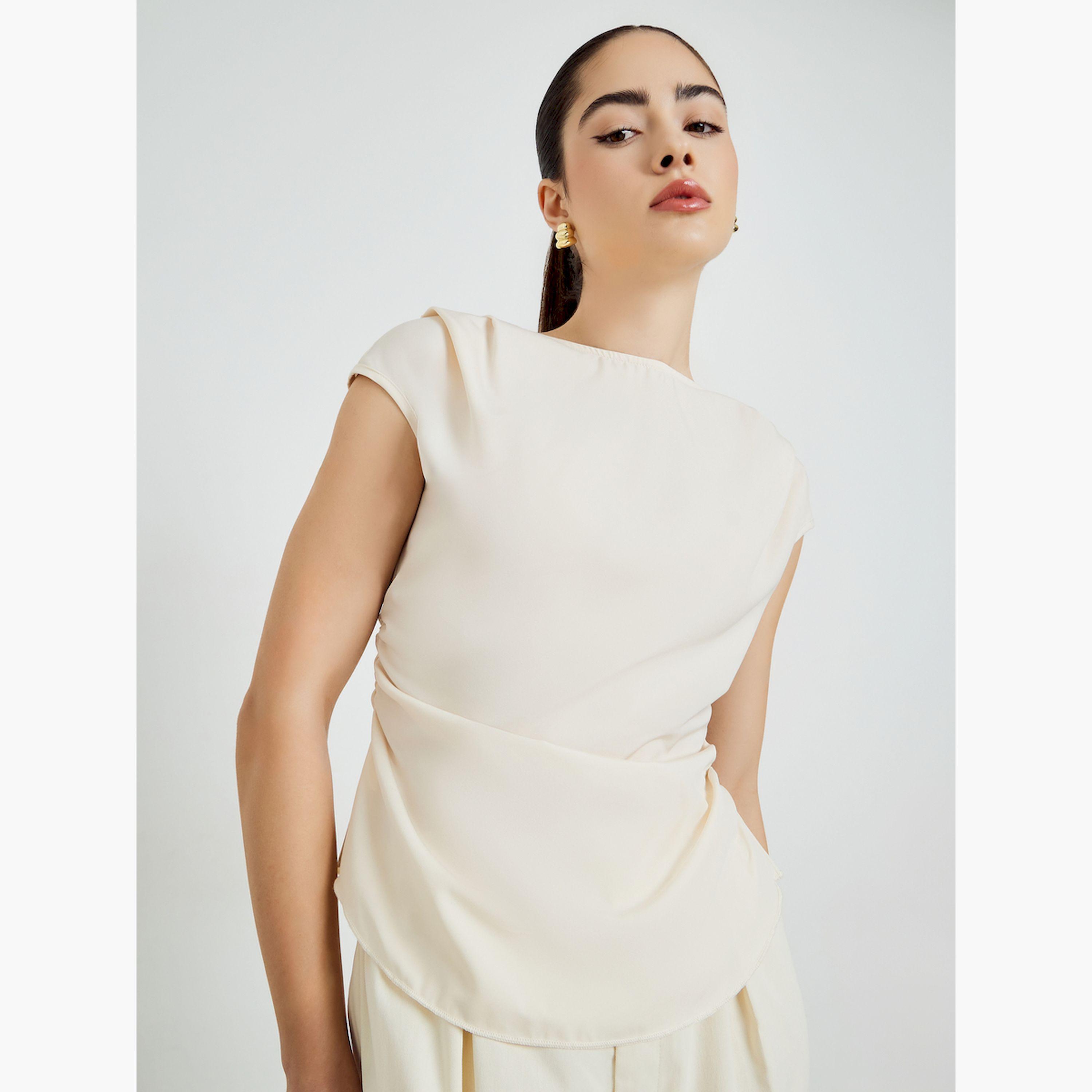 Styli Beige Pleated Sleeveless Blouse-women-clothing-shirtsandblouses-blouses-image-1