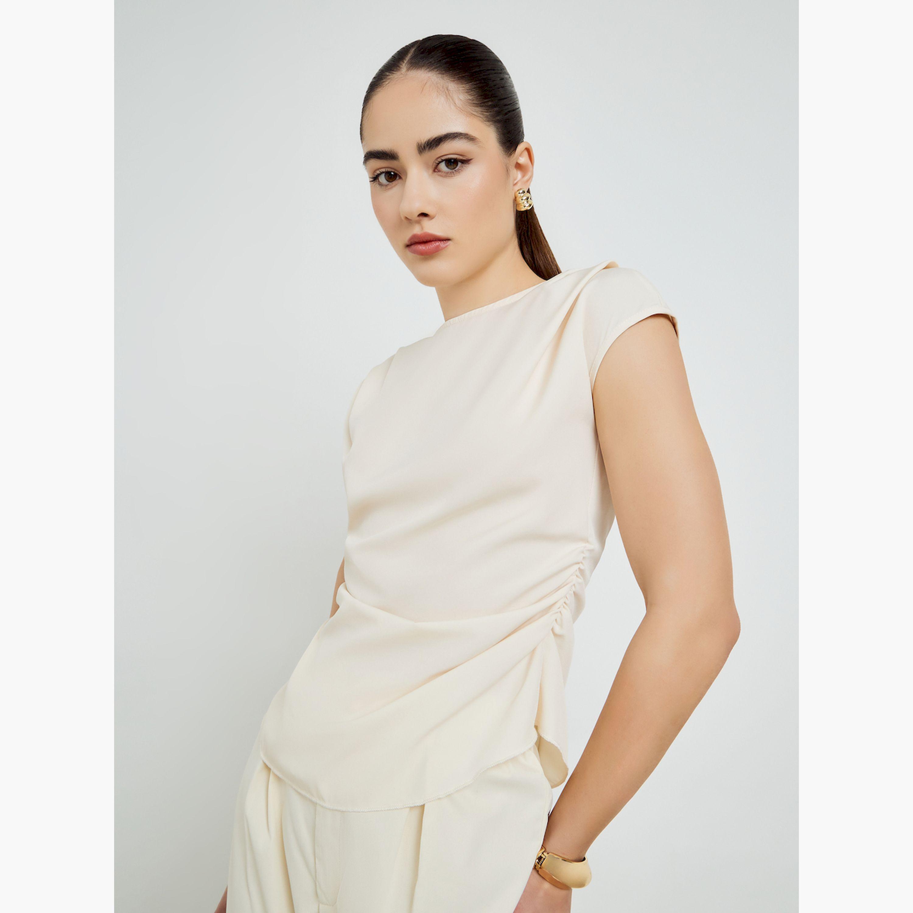 Styli Beige Pleated Sleeveless Blouse-women-clothing-shirtsandblouses-blouses-image-3