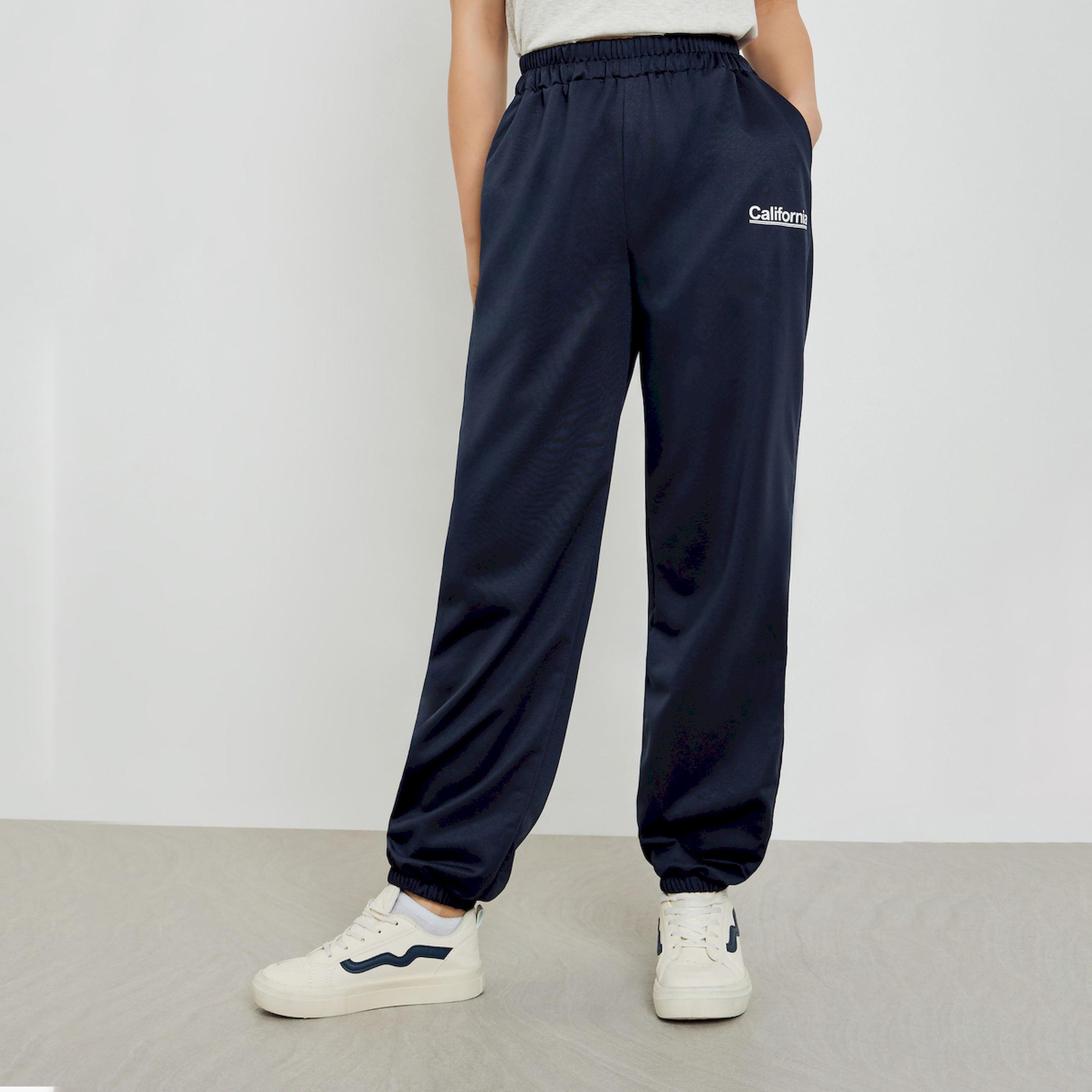 Styli Navy Blue Slogan Printed Wide Leg Joggers-women-clothing-bottoms-joggers-image-1