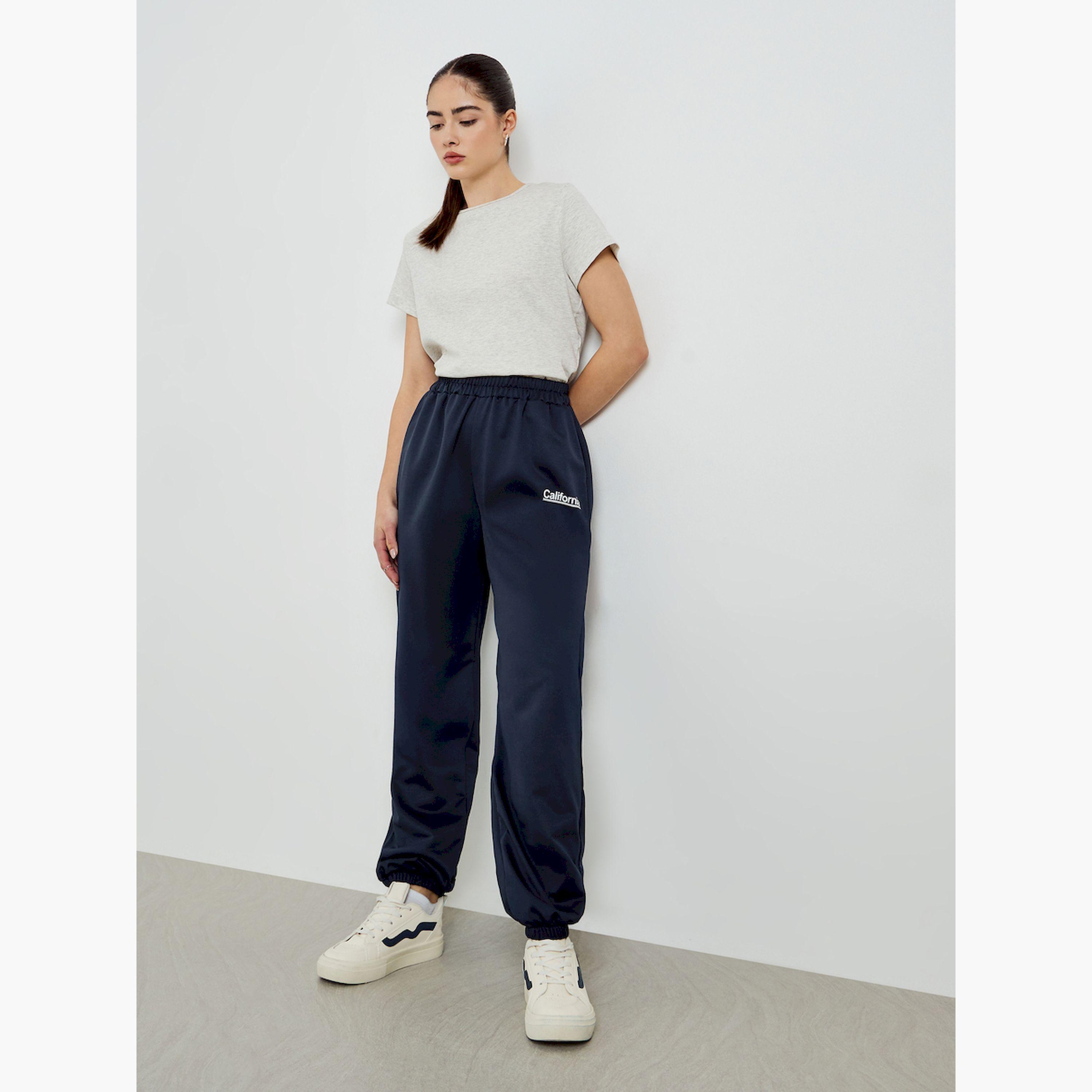 Styli Navy Blue Slogan Printed Wide Leg Joggers-women-clothing-bottoms-joggers-image-2