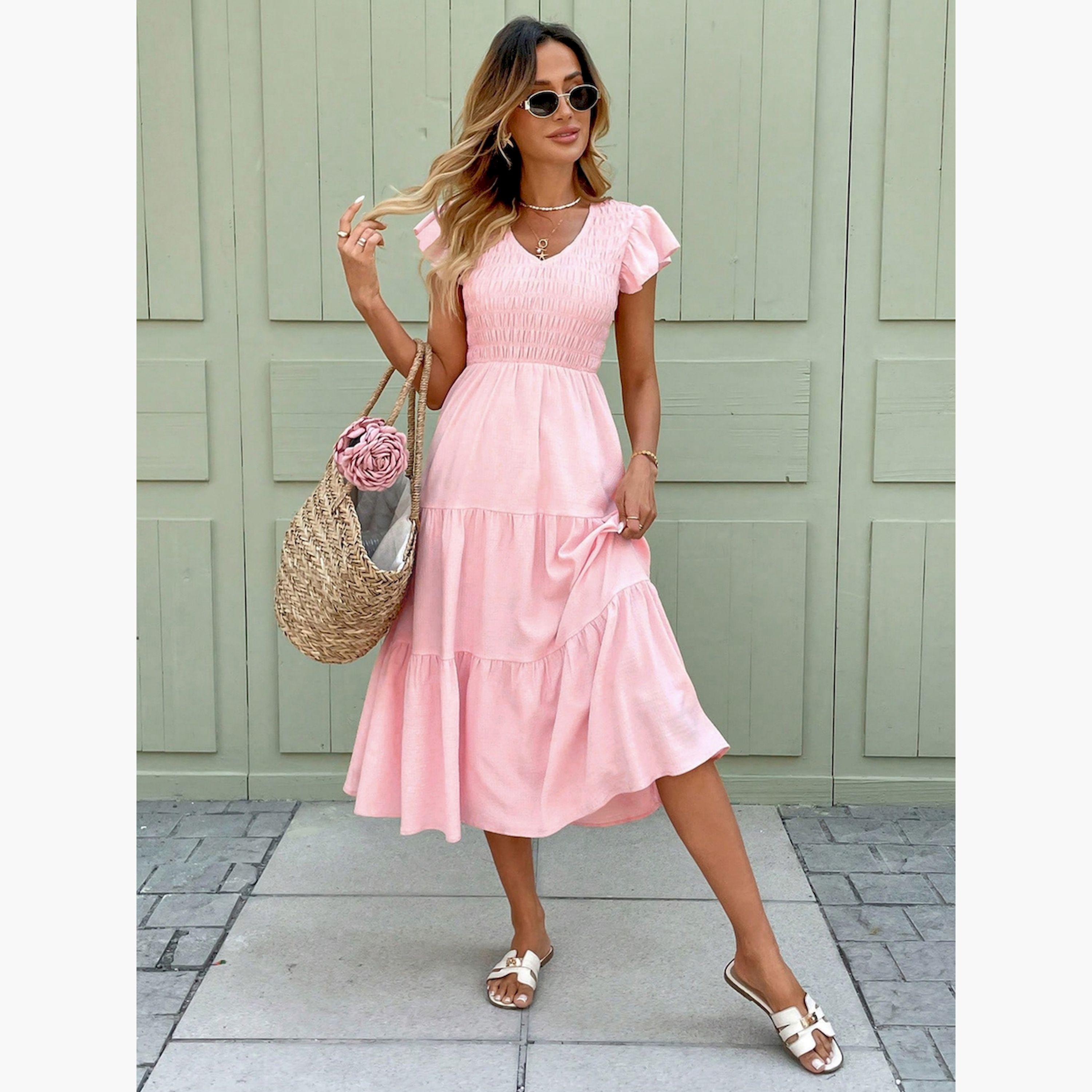فستان ميدي بأكمام مكشكشة وخصر مزموم-women-clothing-dresses-image-1