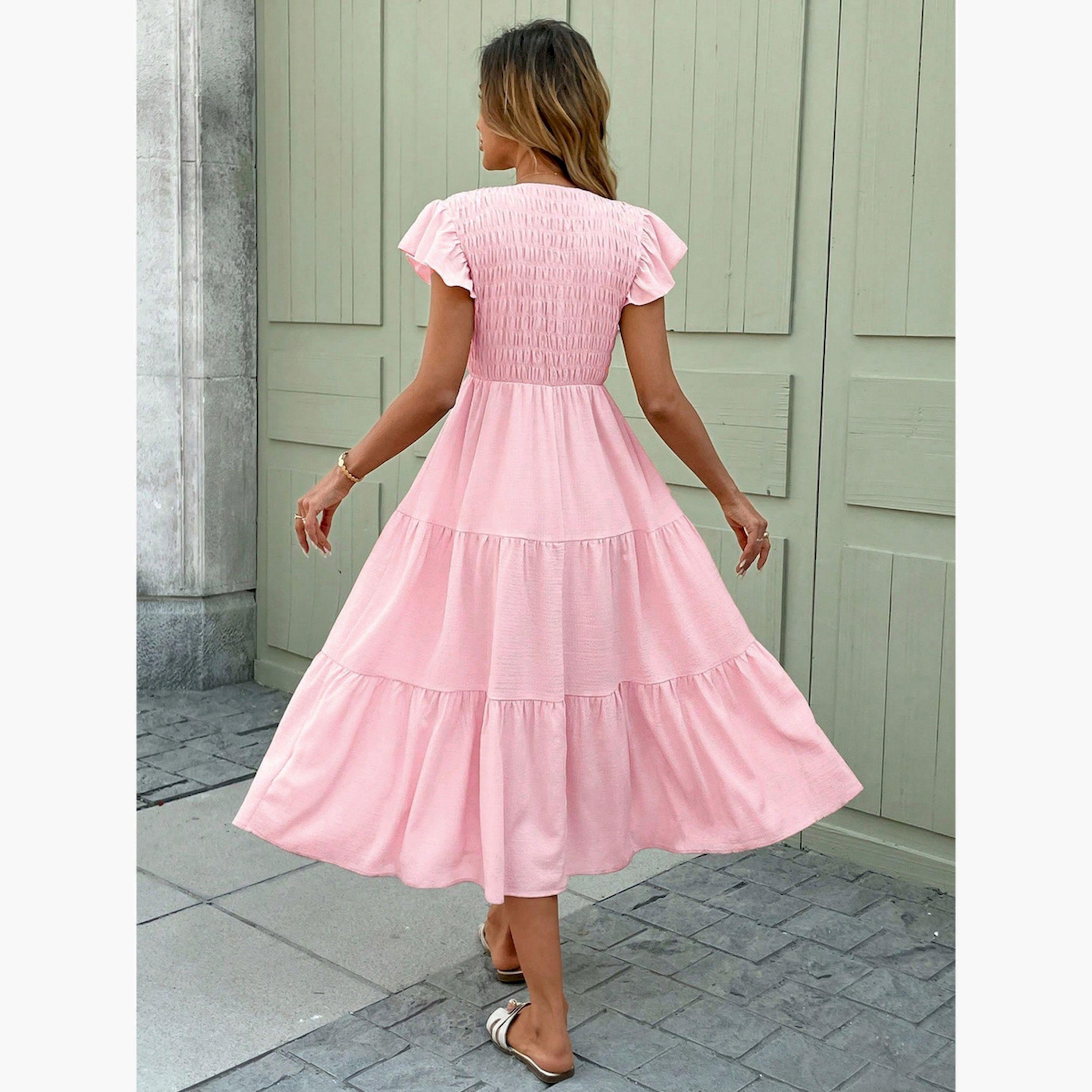 فستان ميدي بأكمام مكشكشة وخصر مزموم-women-clothing-dresses-image-2