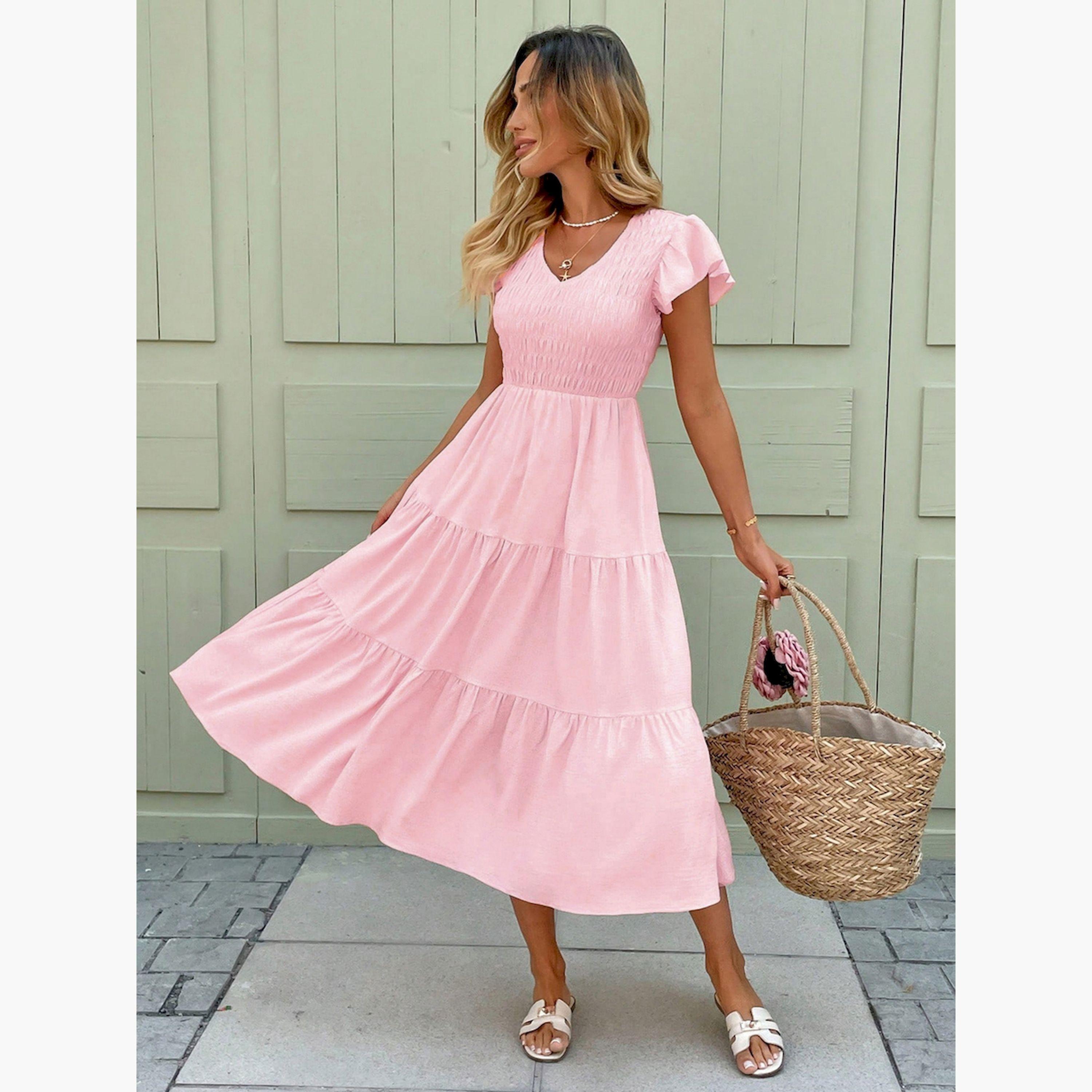 فستان ميدي بأكمام مكشكشة وخصر مزموم-women-clothing-dresses-image-3