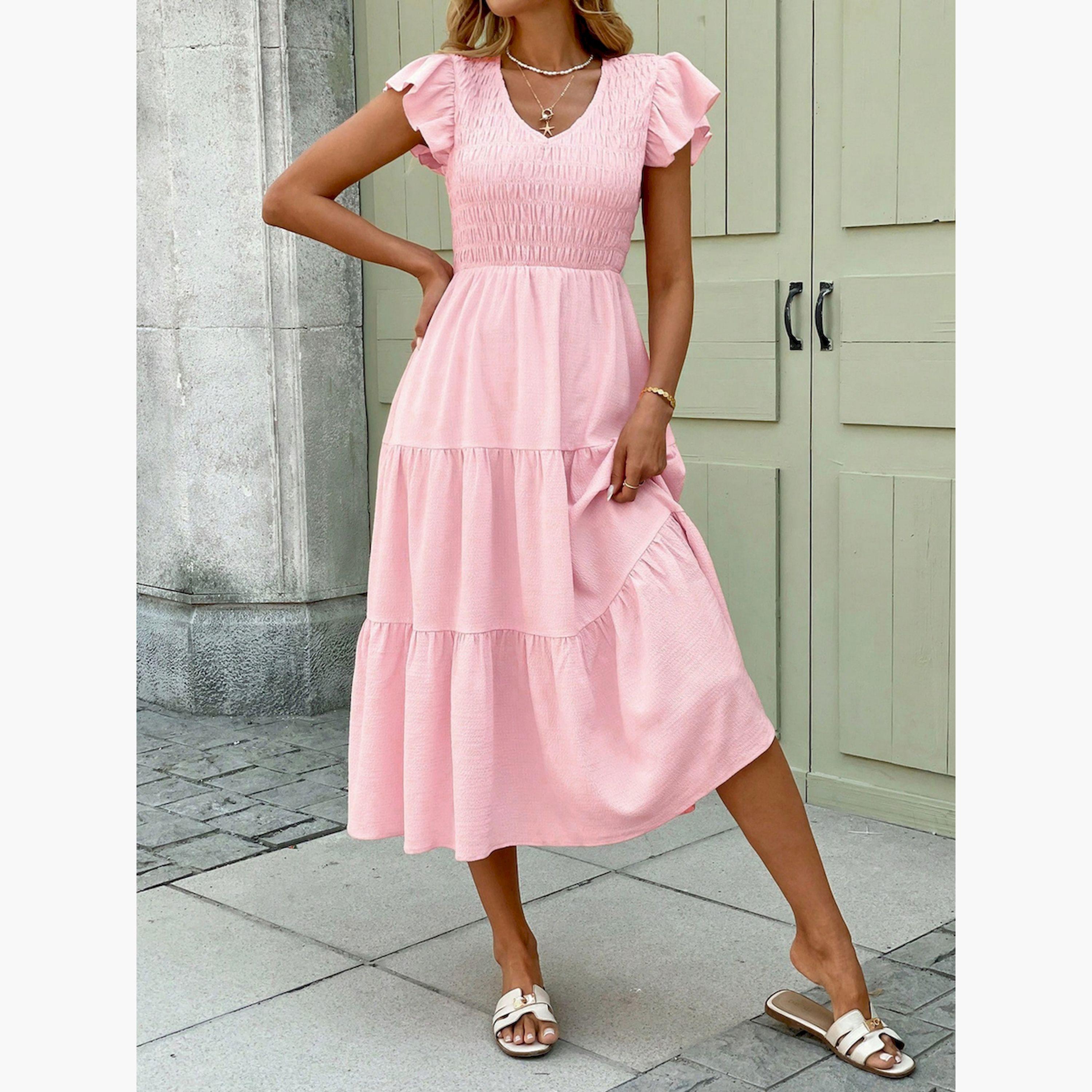 فستان ميدي بأكمام مكشكشة وخصر مزموم-women-clothing-dresses-image-5