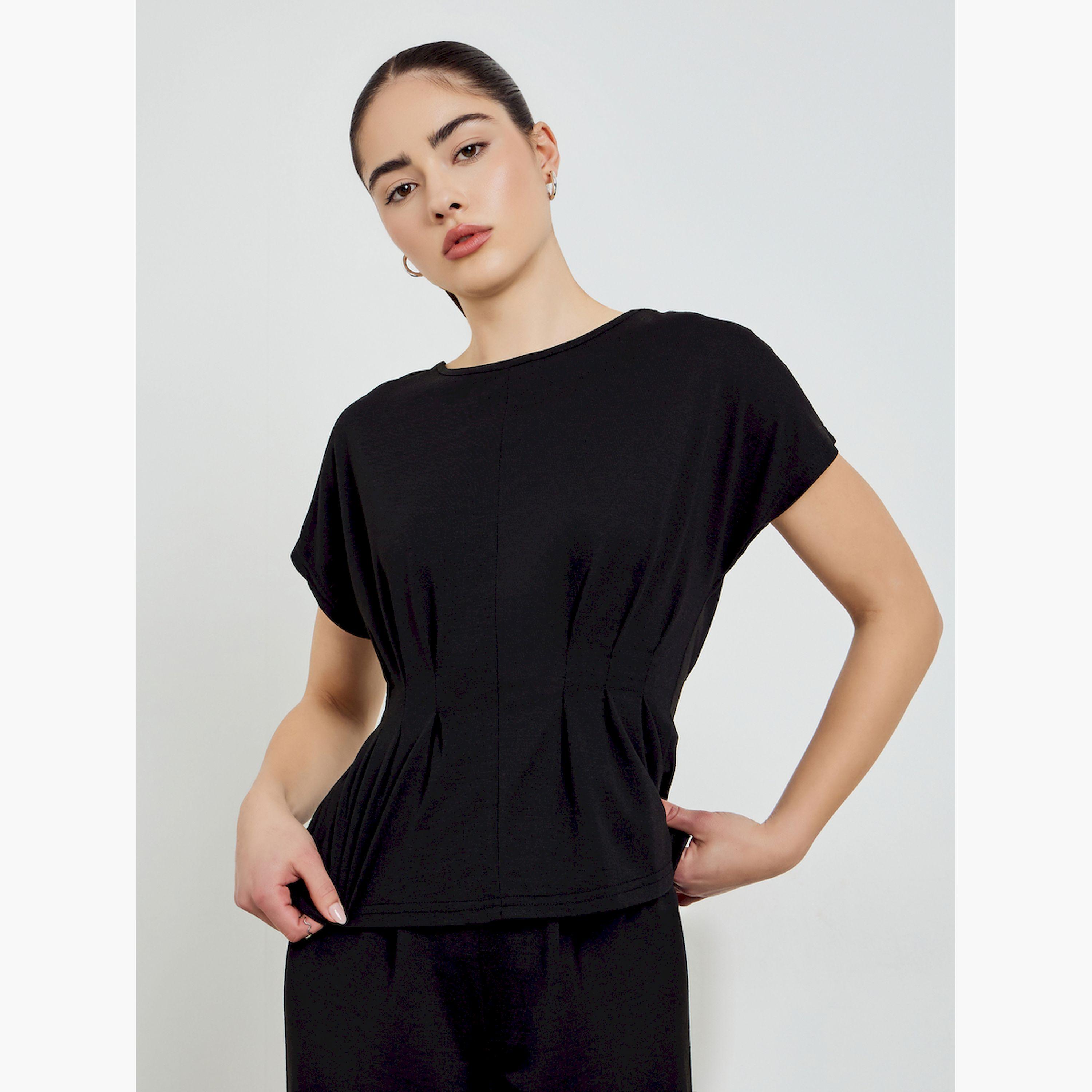 طقم منسق من بنطال وبلوزة بخصر بكسرات-women-clothing-coordsets-image-2