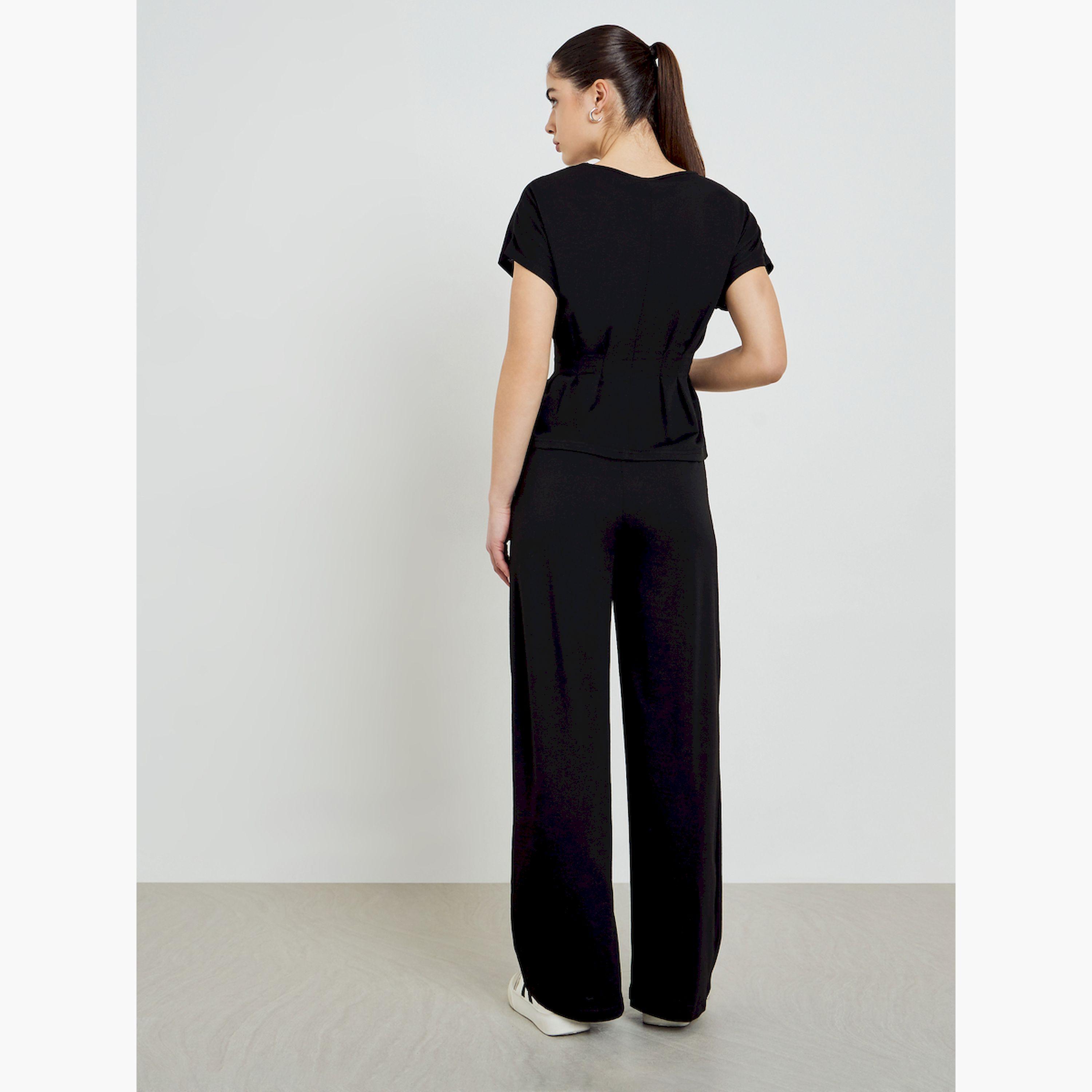 طقم منسق من بنطال وبلوزة بخصر بكسرات-women-clothing-coordsets-image-4