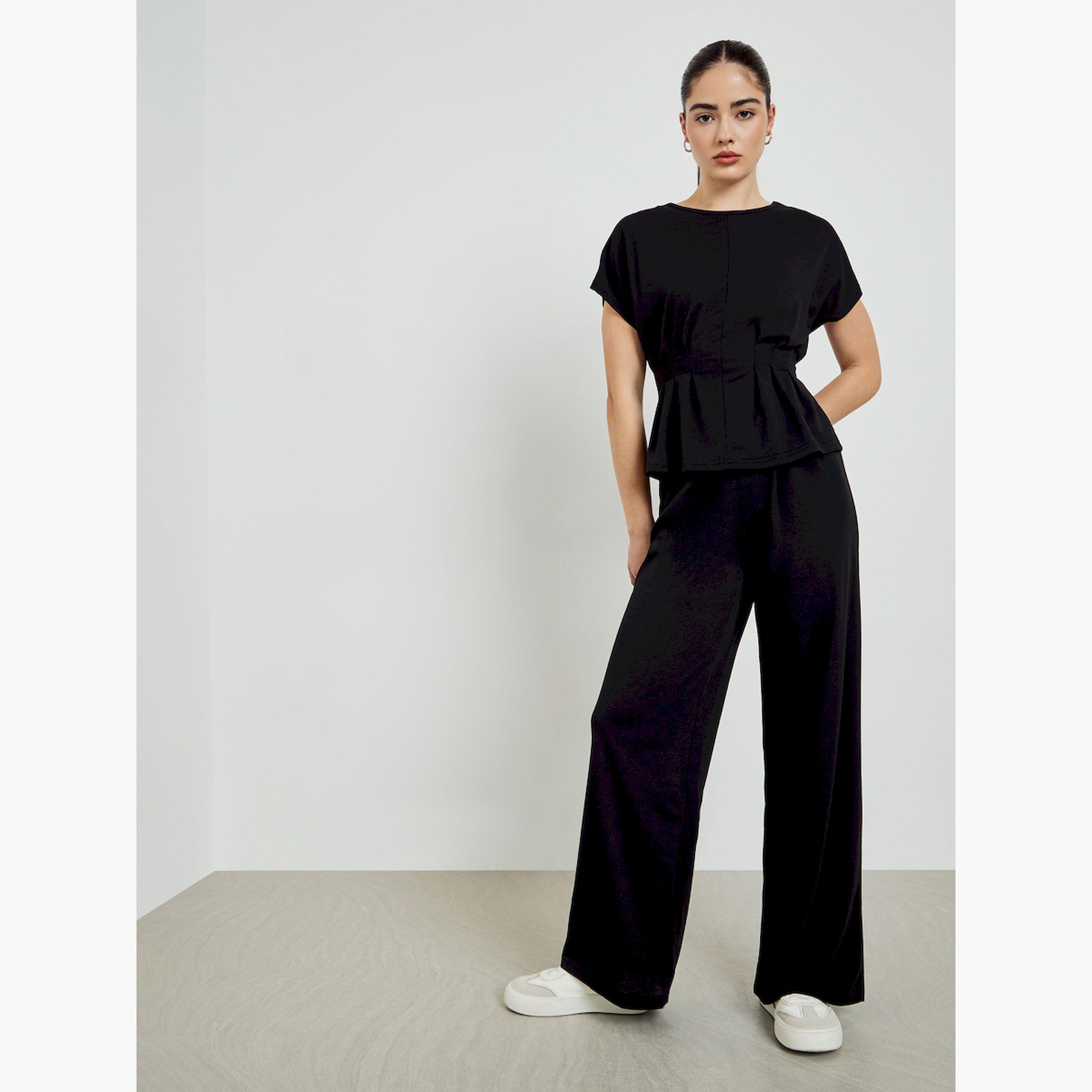 طقم منسق من بنطال وبلوزة بخصر بكسرات-women-clothing-coordsets-image-6