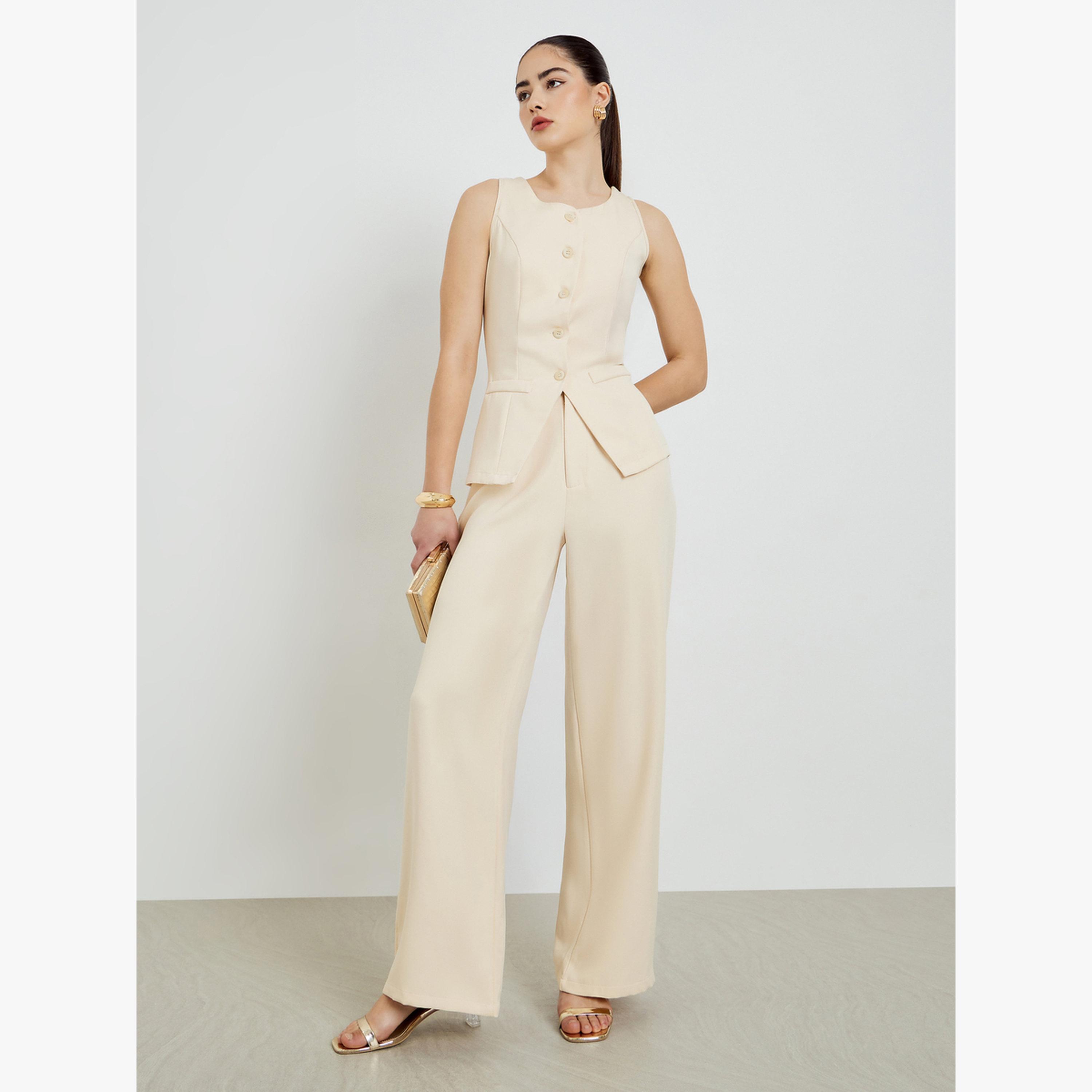طقم منسق من صدرية بأزرار وبنطال بأرجل واسعة-women-clothing-coordsets-image-1