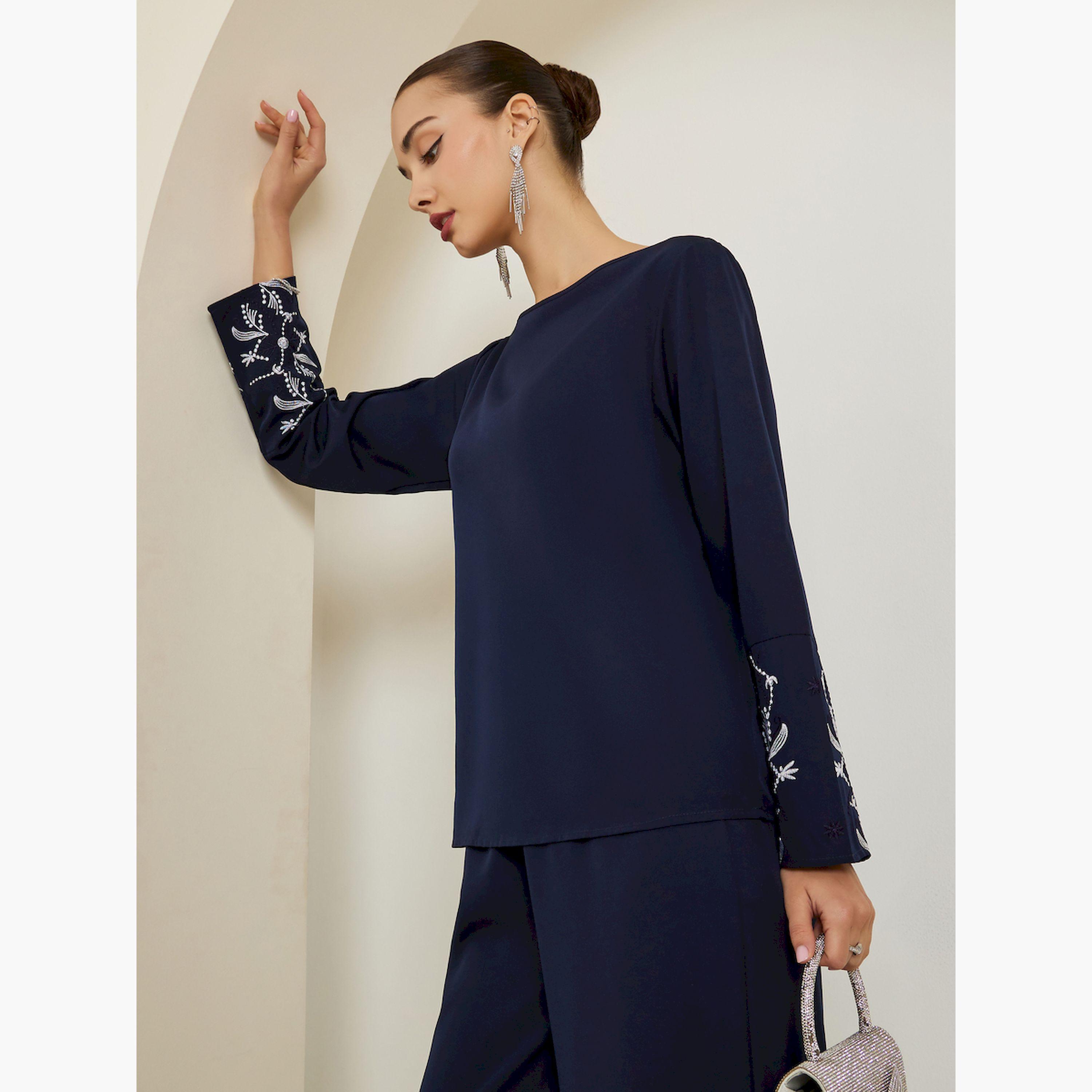 طقم منسق من بنطال وبلوزة مطرزة-women-clothing-coordsets-image-2