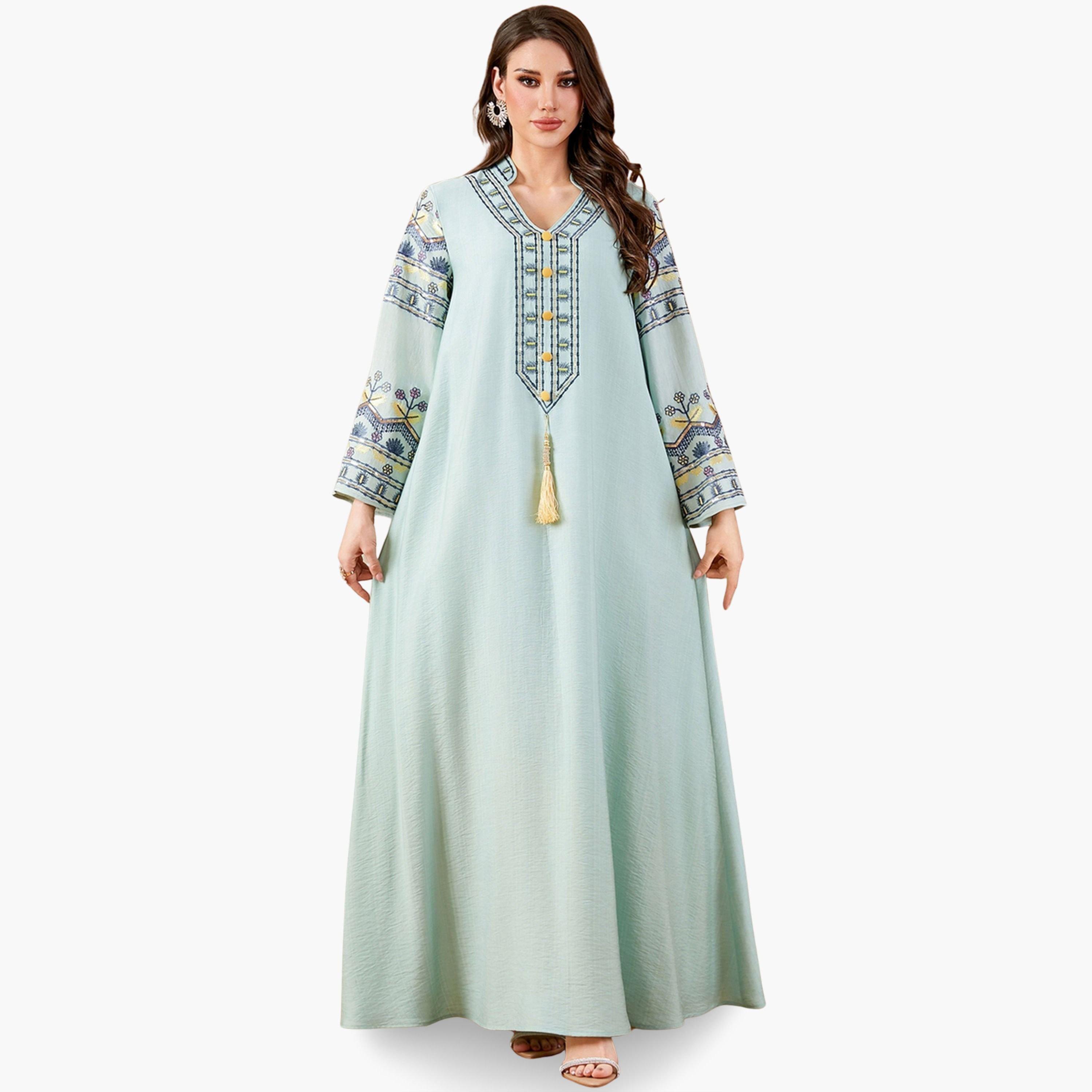 جلابية طويلة مطرزة بياقة سبعة وأكمام طويلة وشرابات-women-arabicclothing-jalabiyas-image-1